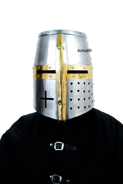 AnNafi® Crusader Helmet | Medieval Templar Crusader Knight Armor Helmet | Greek Roman Spartan Armour | Silver Gold Helm A+ | Wearable for Adult Costumes SCA LARP Cosplay Reenactment Helmets Men
