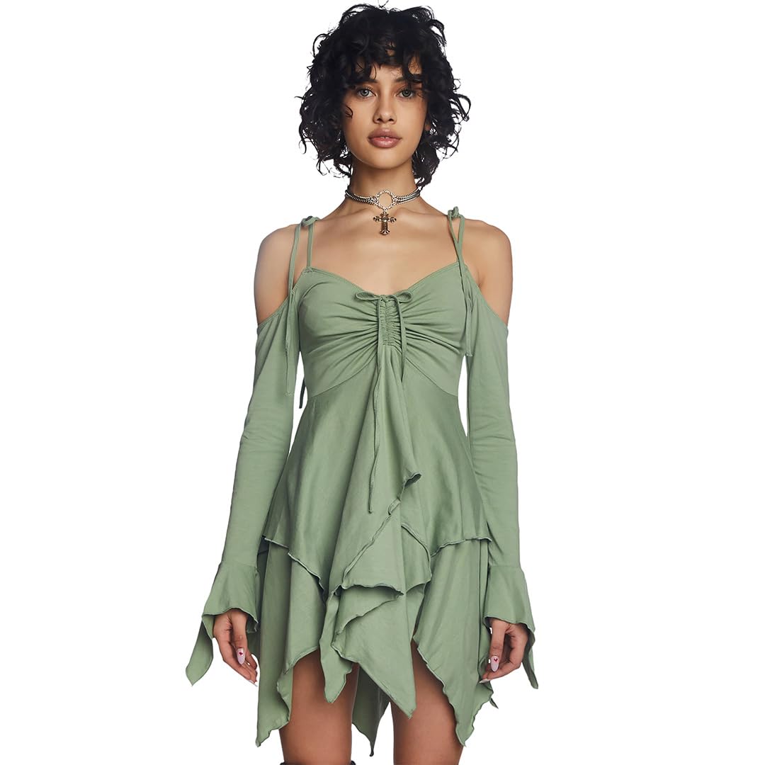 Dolls Kill F is for Fairies Handkerchief Dress by Current Mood - Off-Shoulder, Custom Fit Dress, Perfect for Fairycore Fashion - Green, XX-Large