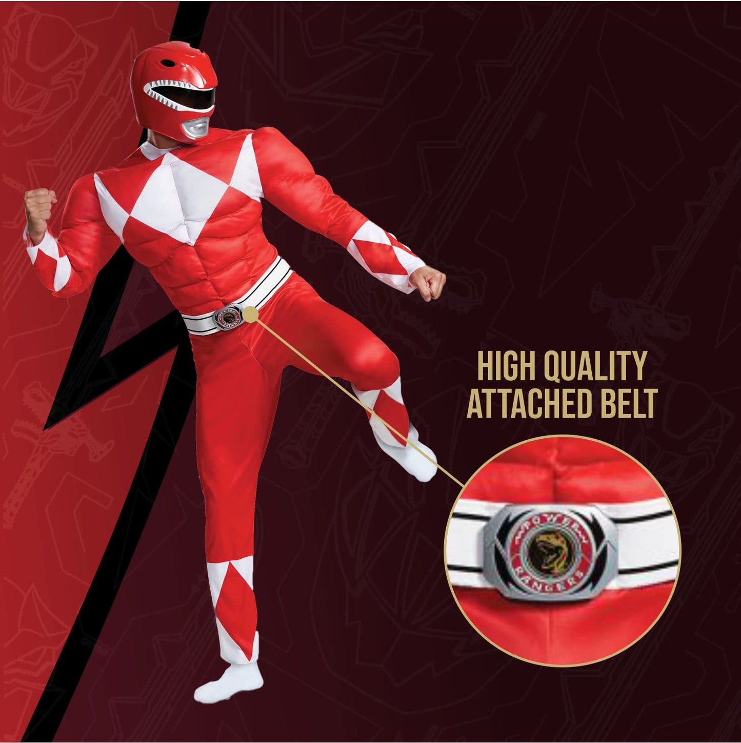 Disguise Men's Red Ranger Classic Muscle Adult Costume, L/XL (42-46)