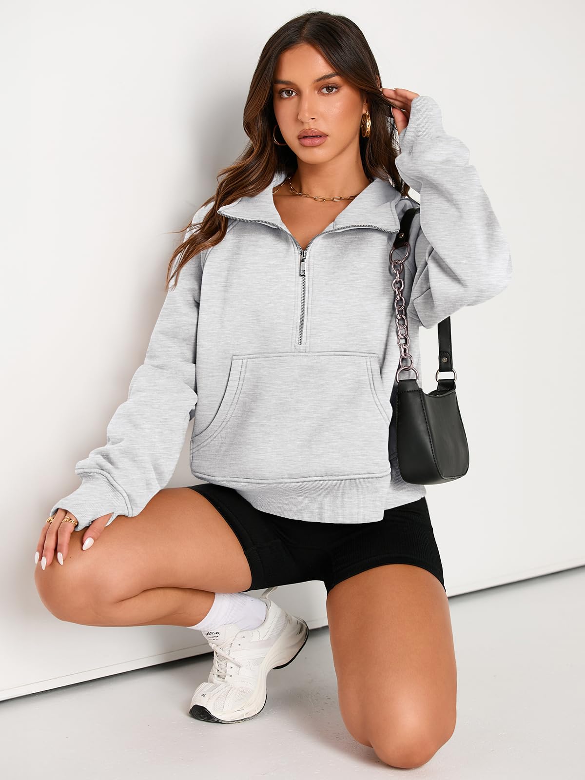 AUTOMET Womens Sweatshirts Half Zip Cropped Pullover Long Sleeve Tops Oversized Hoodies 2024 Fall Fashion Outfits Sweaters Winter Clothes Grey - Law of Apparel