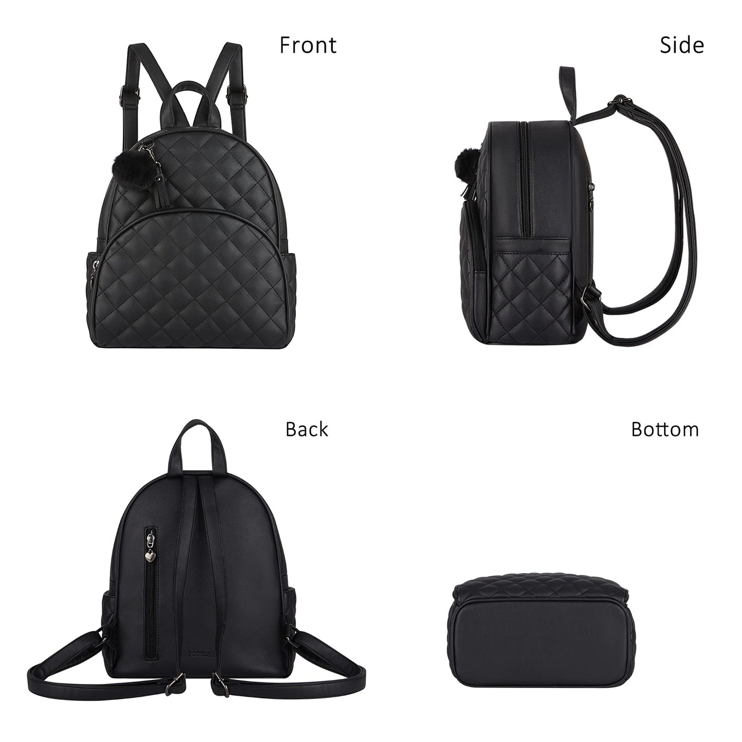 ECOSUSI Mini Backpack Women Leather Small Backpack Purse for Ladies Cute Pom Bookbag Travel Shoulder Bag with Charm Tassel