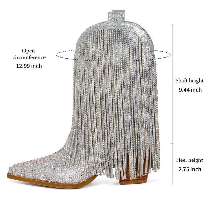 HICLOTSA Women's Silver Cowboy Ankle Boots Cowgirl Rhinestone Fringe Western Boots Side Zipper Pointy Pull On Chunky Heel Sparkly Tassels Booties Fashion Country Party for Women Size 8.5