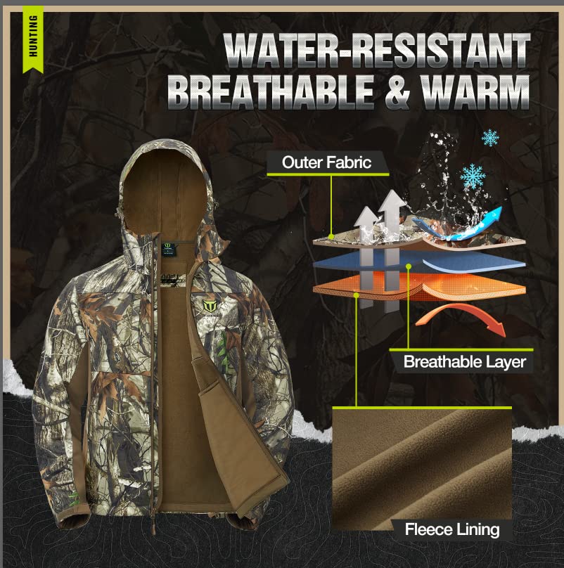 TIDEWE Hunting Clothes for Men with Fleece Lining, Safety Strap Compatible Water Resistant Silent Jacket and Pants, Hunting Suit for Climbing Hiking Trekking Camping (Next Camo G2 Size XL)