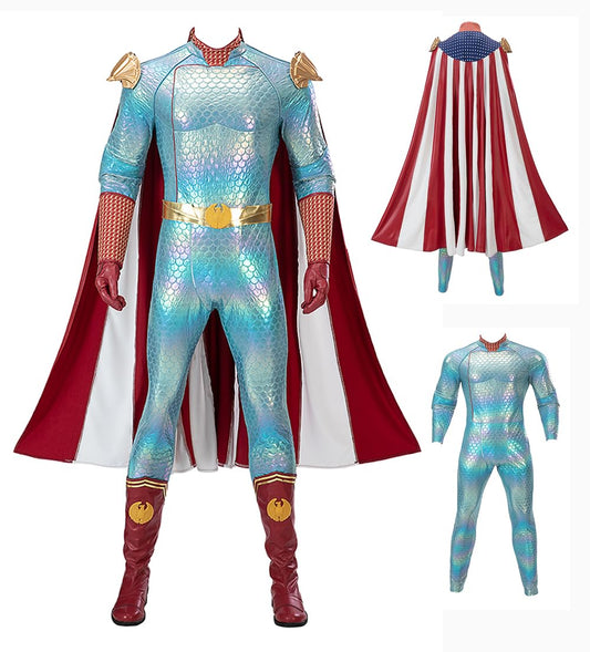 Makiwcu Ice Cosplay Jumpsuit with Cape Men Homelander Costume Bodysuit Cloak Ice Outfit for Halloween Carnival (Blue, X-Large)