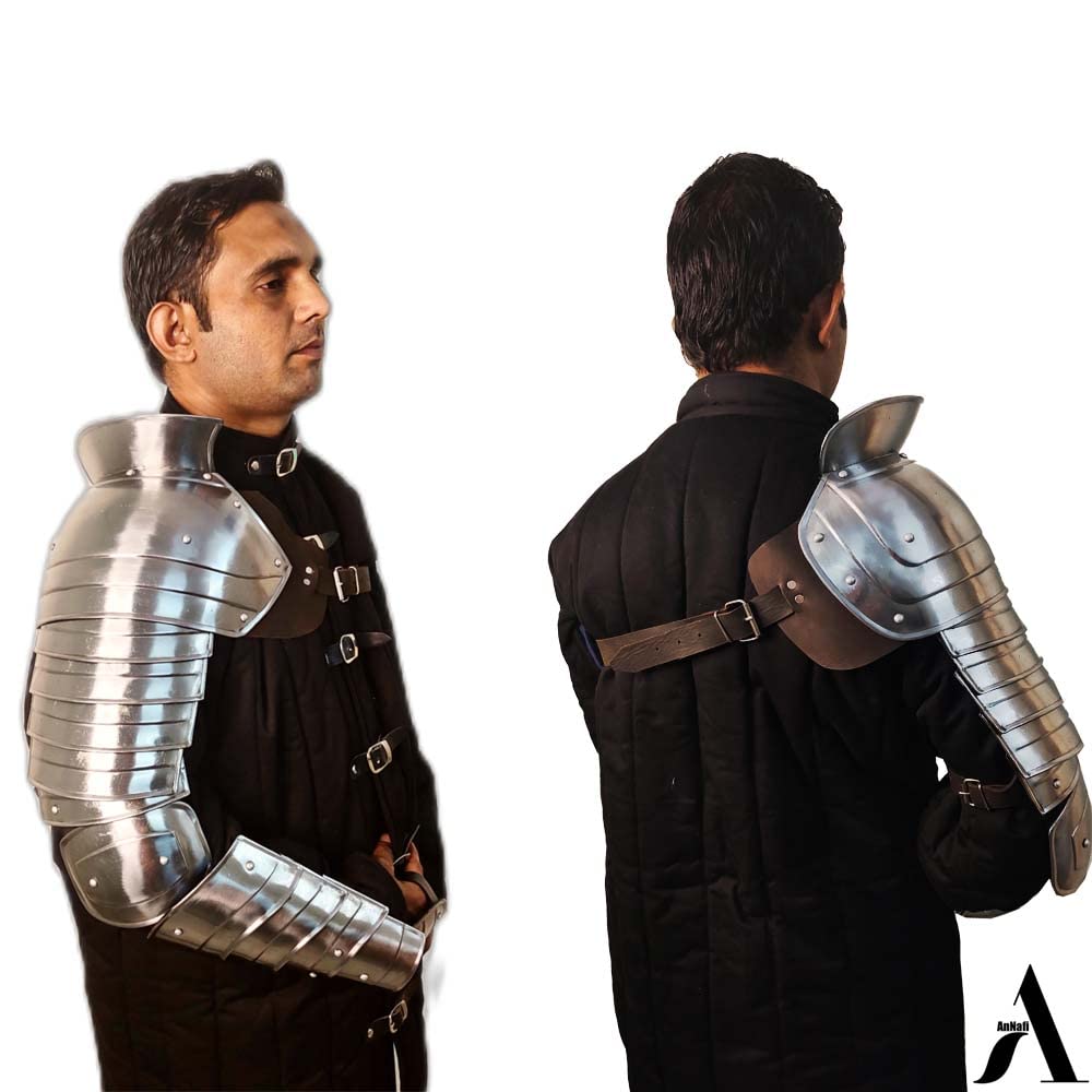 AnNafi® Medieval Single Pauldron Spartacus Cosplay Metal Roman Knight Sleeve Shoulder Arm Armor Gladiator LARP Silver Full Hand & Arm Sleeve Armour Single Arm Costume for Adult Men Halloween Outfit
