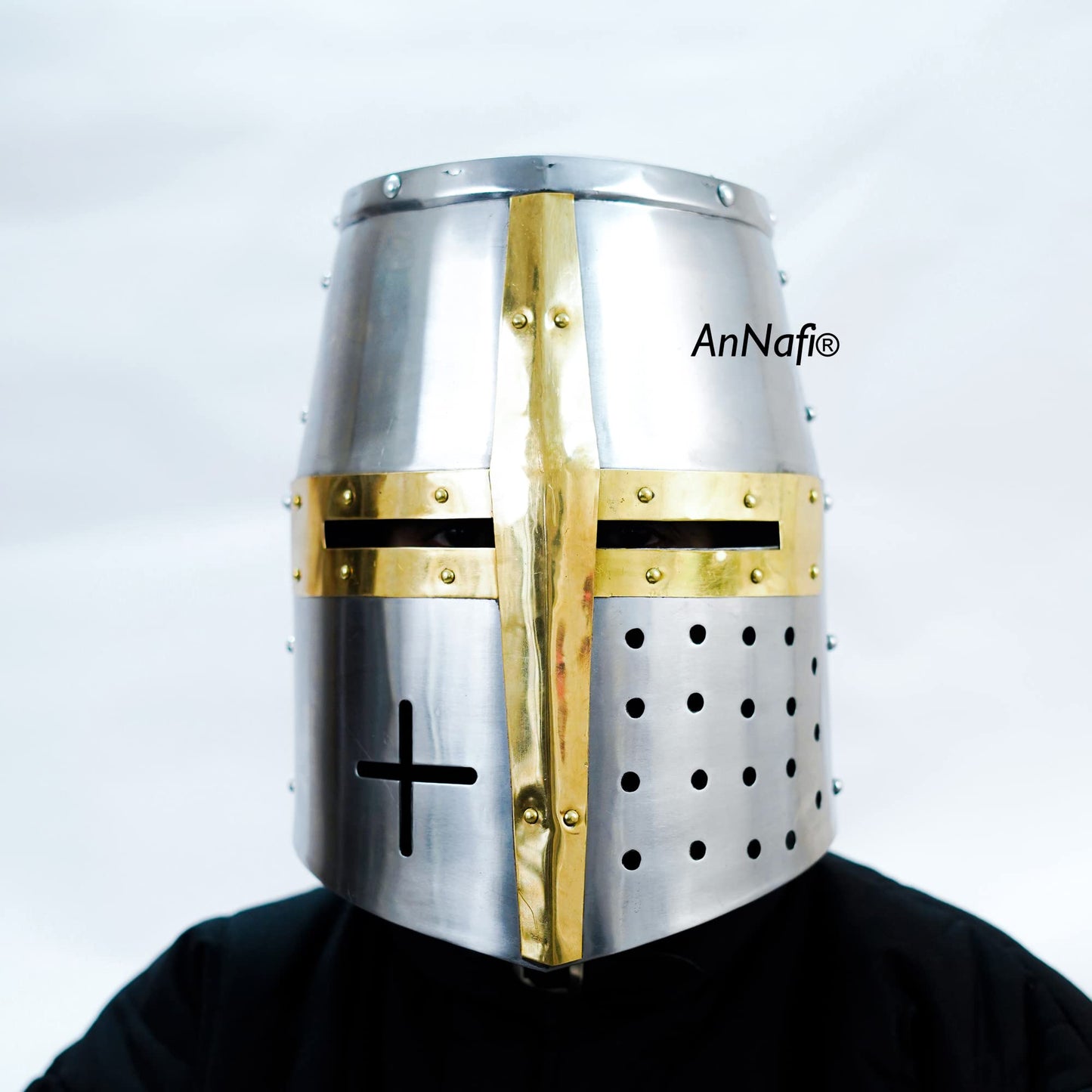 AnNafi® Crusader Helmet | Medieval Templar Crusader Knight Armor Helmet | Greek Roman Spartan Armour | Silver Gold Helm A+ | Wearable for Adult Costumes SCA LARP Cosplay Reenactment Helmets Men