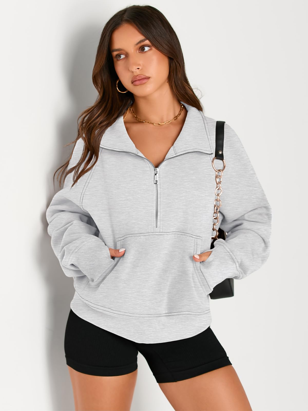 AUTOMET Womens Sweatshirts Half Zip Cropped Pullover Long Sleeve Tops Oversized Hoodies 2024 Fall Fashion Outfits Sweaters Winter Clothes Grey - Law of Apparel
