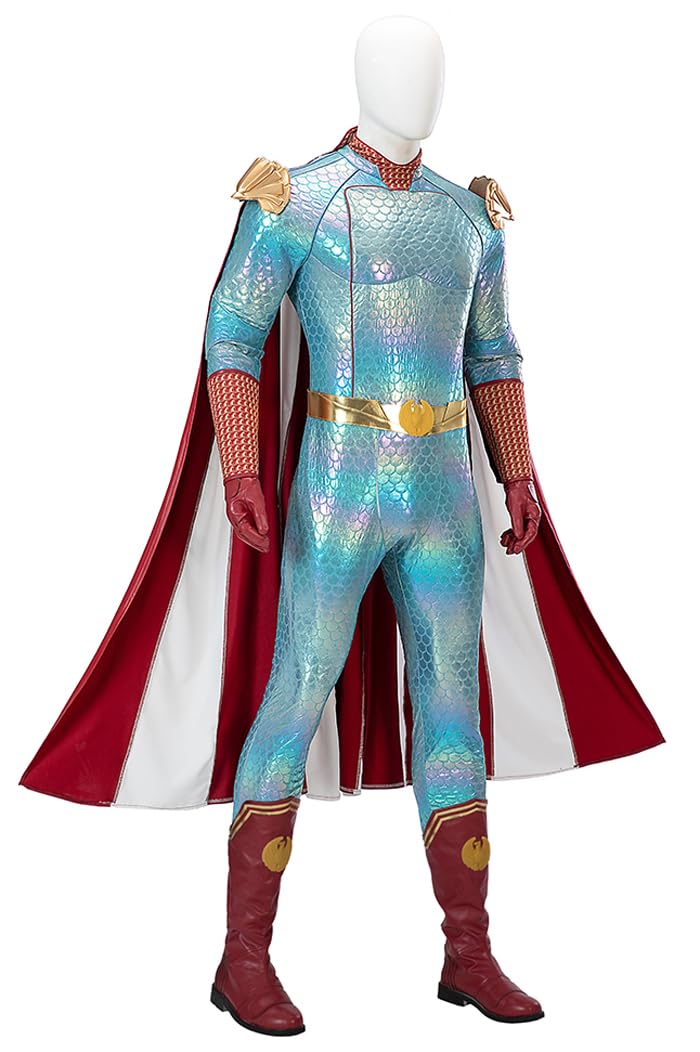 Makiwcu Ice Cosplay Jumpsuit with Cape Men Homelander Costume Bodysuit Cloak Ice Outfit for Halloween Carnival (Blue, X-Large)