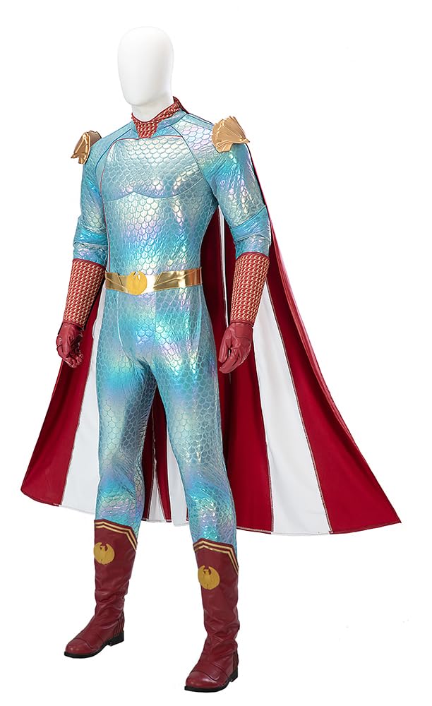 Makiwcu Ice Cosplay Jumpsuit with Cape Men Homelander Costume Bodysuit Cloak Ice Outfit for Halloween Carnival (Blue, X-Large)