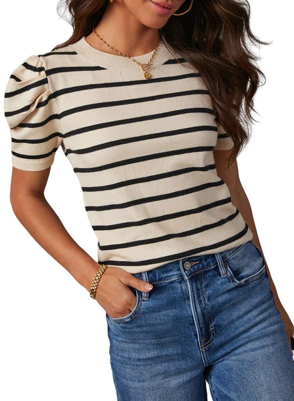 Dokotoo Casual Lightweight Knitted Blouses Short Puff Sleeve - Law of Apparel