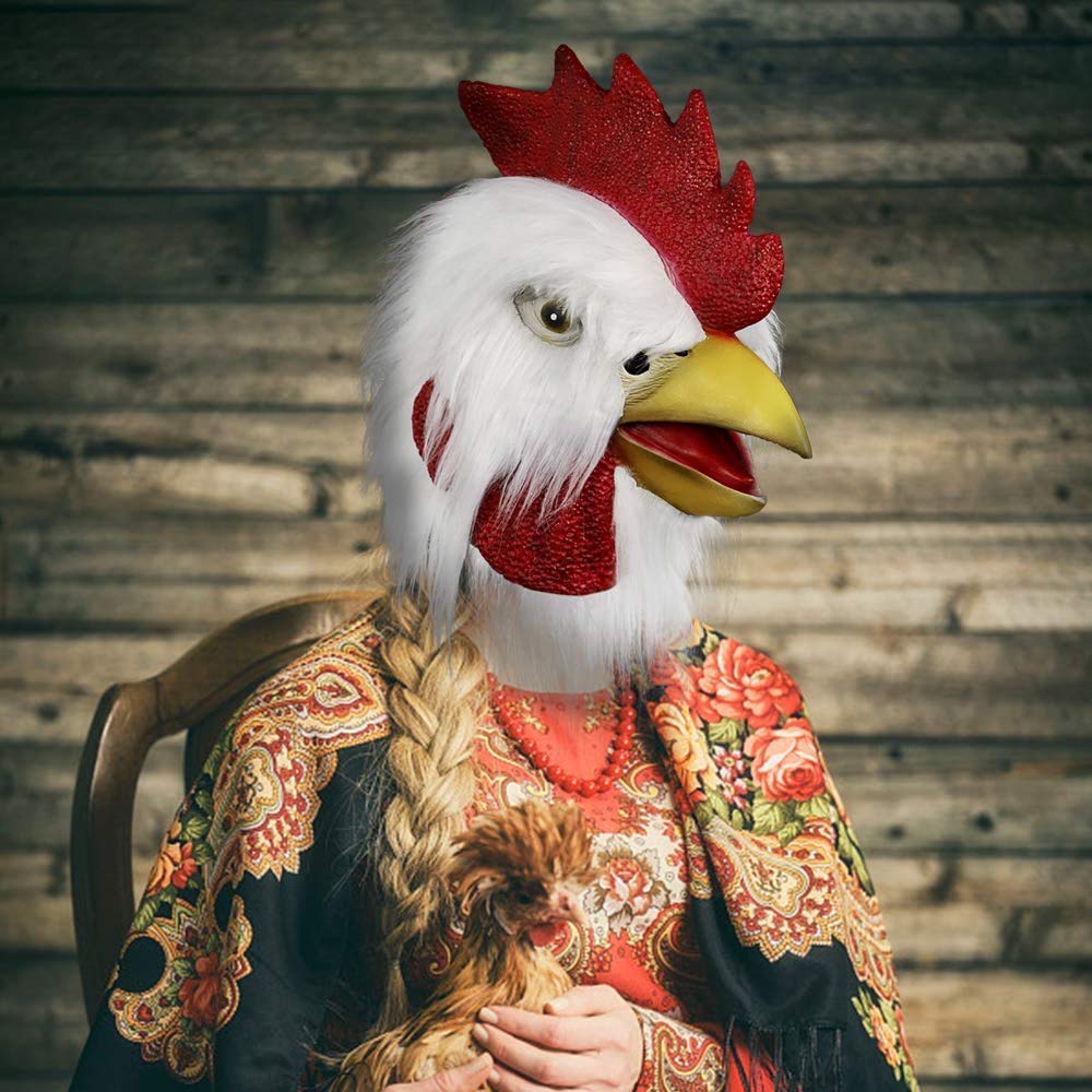 MOLEZU Rooster Mask Chicken Head Mask for Adult, Animal Cock Latex Props for Halloween Cosplay Costume Party Masquerade, White - Law of Apparel