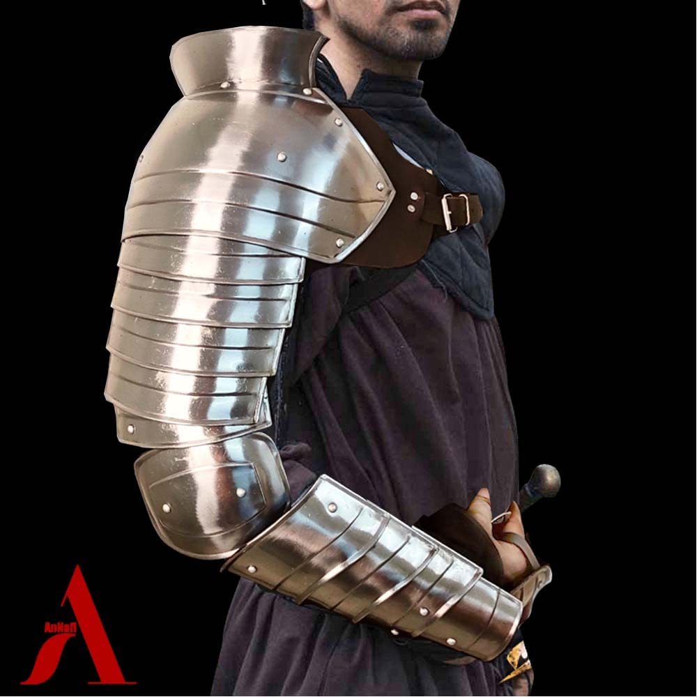 AnNafi® Medieval Single Pauldron Spartacus Cosplay Metal Roman Knight Sleeve Shoulder Arm Armor Gladiator LARP Silver Full Hand & Arm Sleeve Armour Single Arm Costume for Adult Men Halloween Outfit