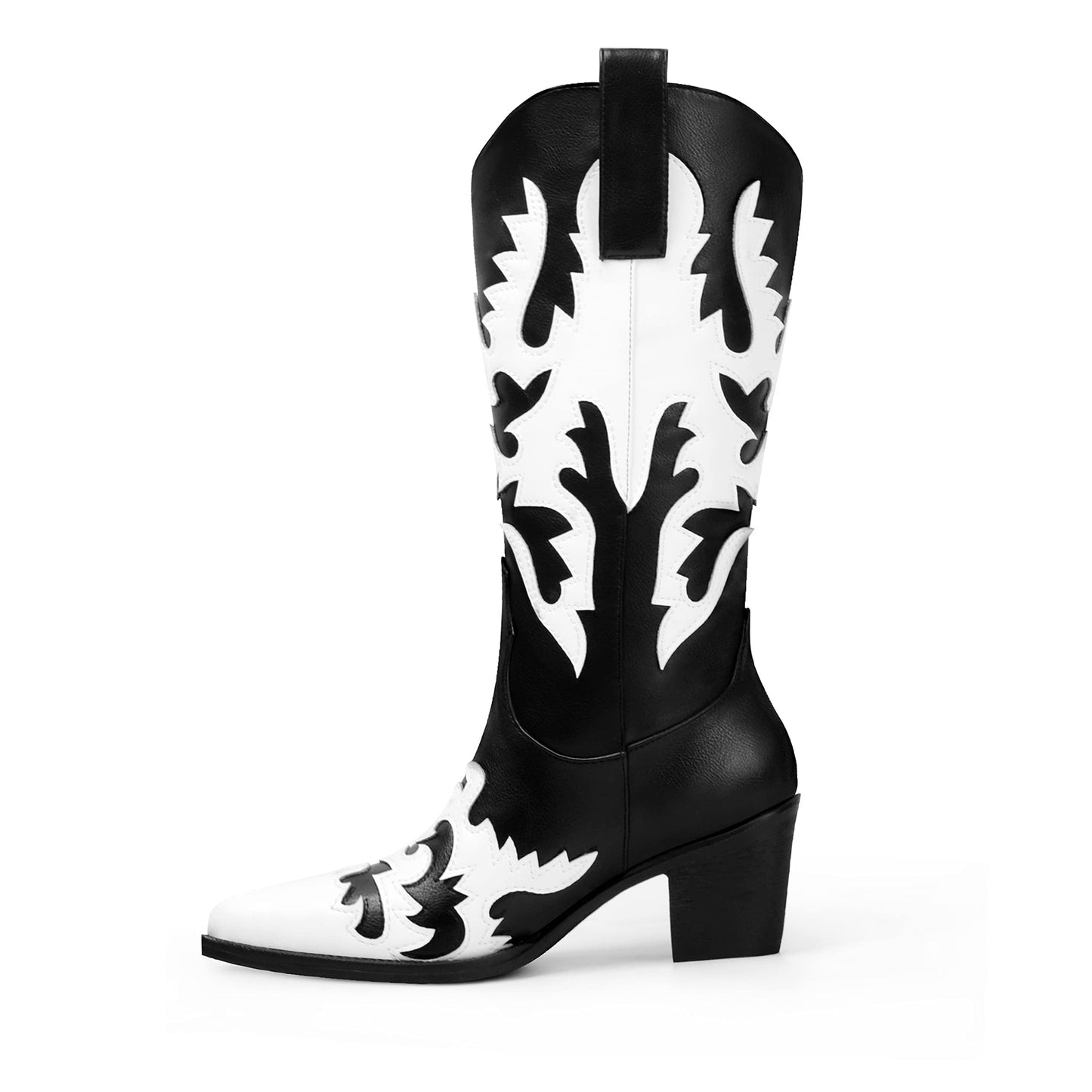 ANN CREEK Women's 'Claremont' Sexy Cowboy Boots Knee-high Black White Patchwork Dressy Cowgirl Mid Calf Boots, White/Black, 7 UK