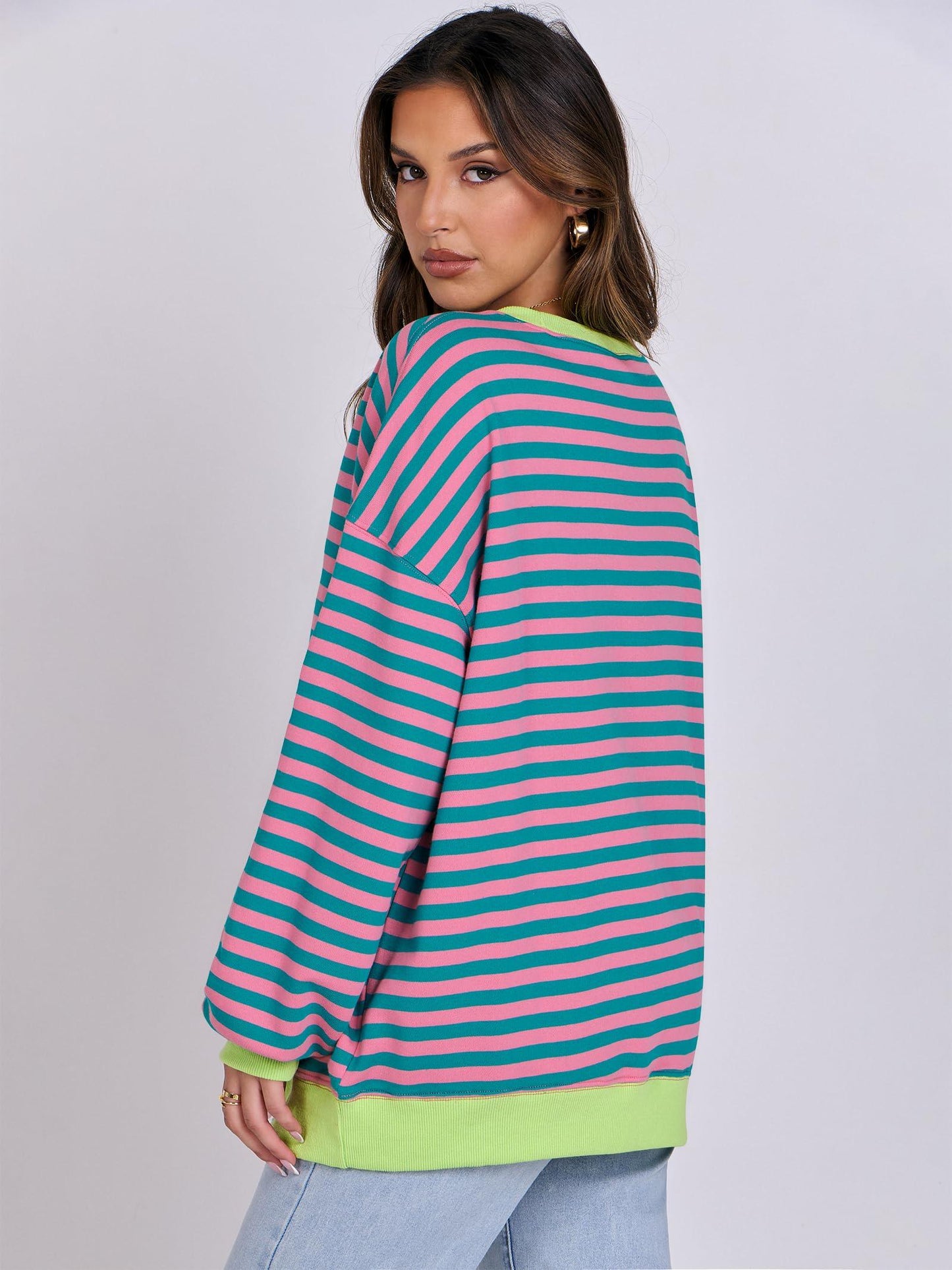 ANRABESS Women Striped Oversized Sweatshirt Long Sleeve Crewneck Hoodies Shirts 2024 Fall Pullover Top Trendy Preppy Clothes Pink Green Medium - Law of Apparel