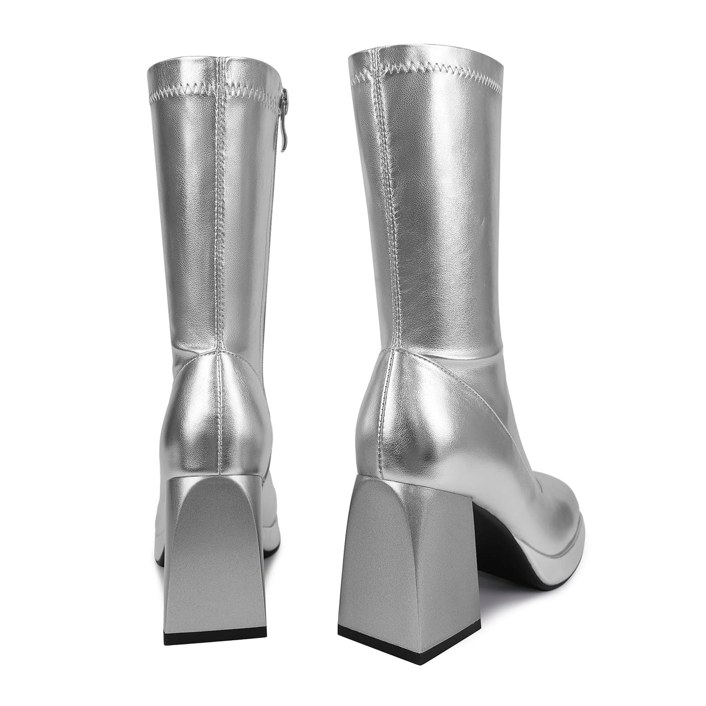 JEDKARAR Silver GoGo Boots for Women Silver Platform Boots for Women Silver Chunky Boots Silver Boots Platform GoGo Boots Chunky Heeled Boots Chrome Boots Silver Booties Y2K Boots