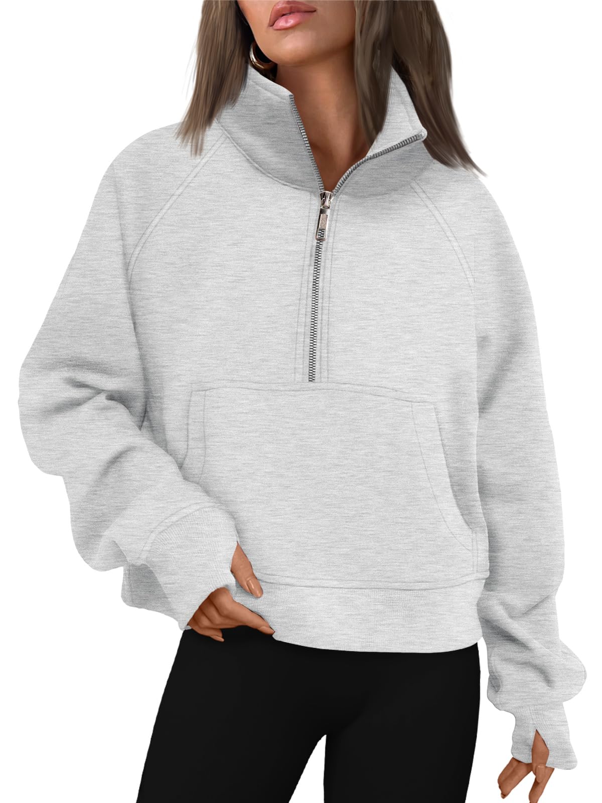 AUTOMET Womens Sweatshirts Half Zip Cropped Pullover Long Sleeve Tops Oversized Hoodies 2024 Fall Fashion Outfits Sweaters Winter Clothes Grey - Law of Apparel