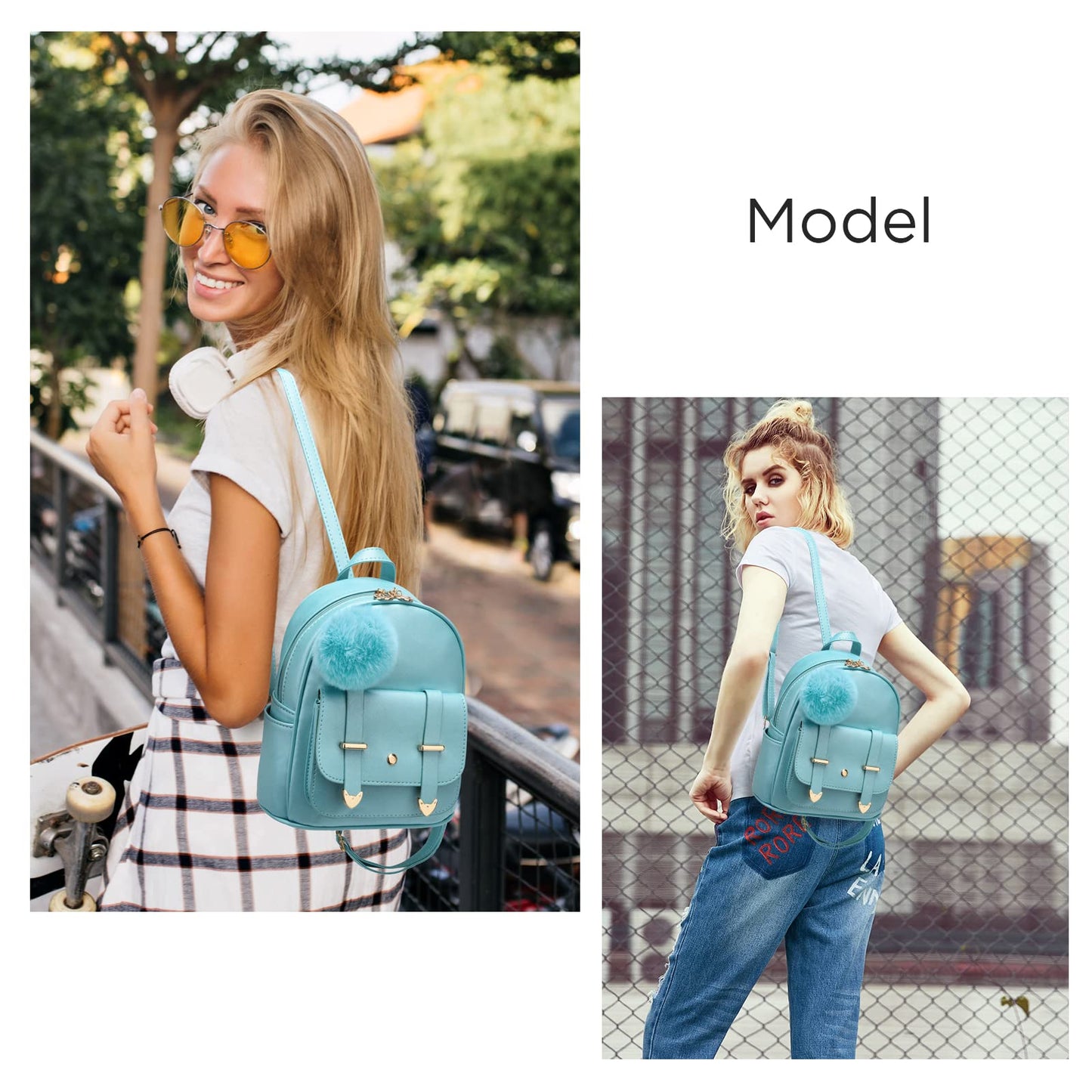 I IHAYNER Girls Fashion Backpack Mini Backpack Purse for Women Teenage Girls Purses PU Leather Pompom Backpack Shoulder Bag Pearl Blue