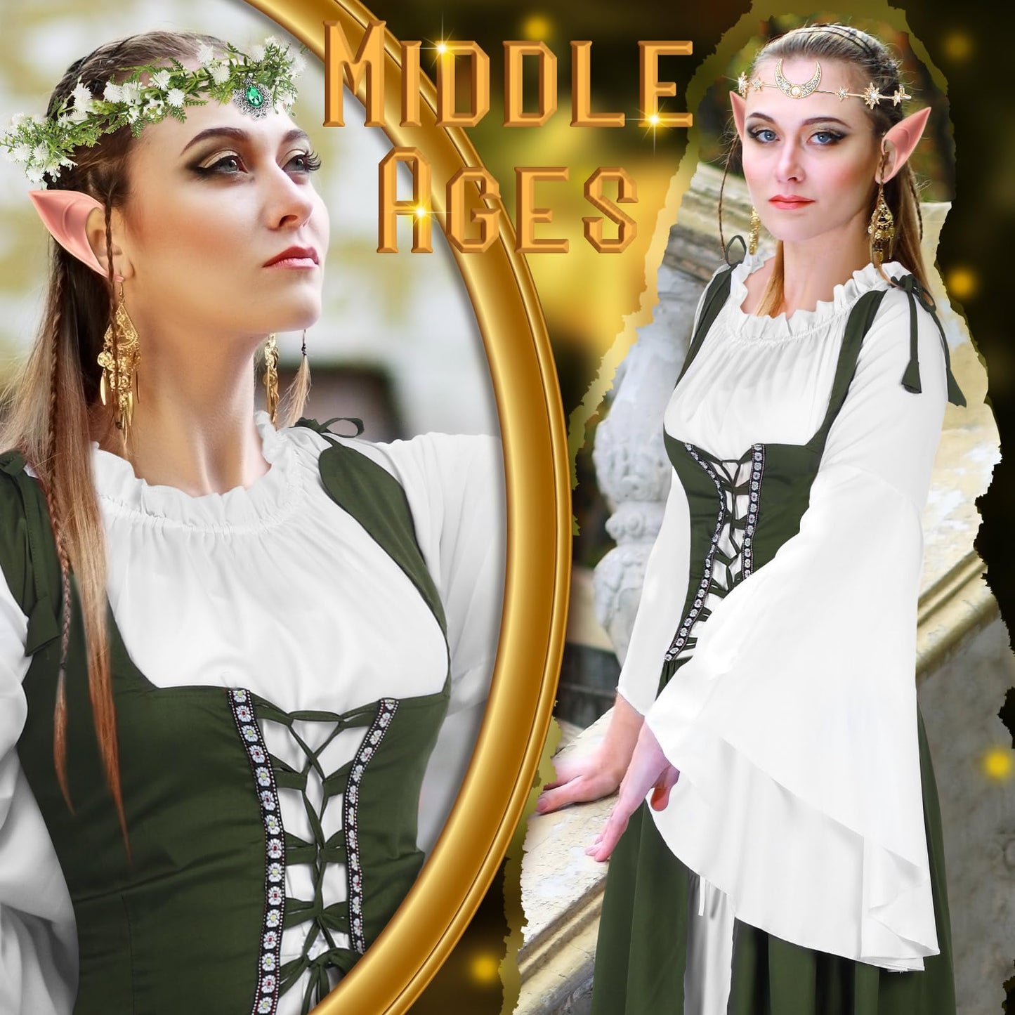 Bonuci Women Renaissance Dress Medieval Costume Women with Elf Ears, Moon Head Chain and Woodland Fairy Crown for Carnival(2X-Large/ 3X-Large,Light Green)