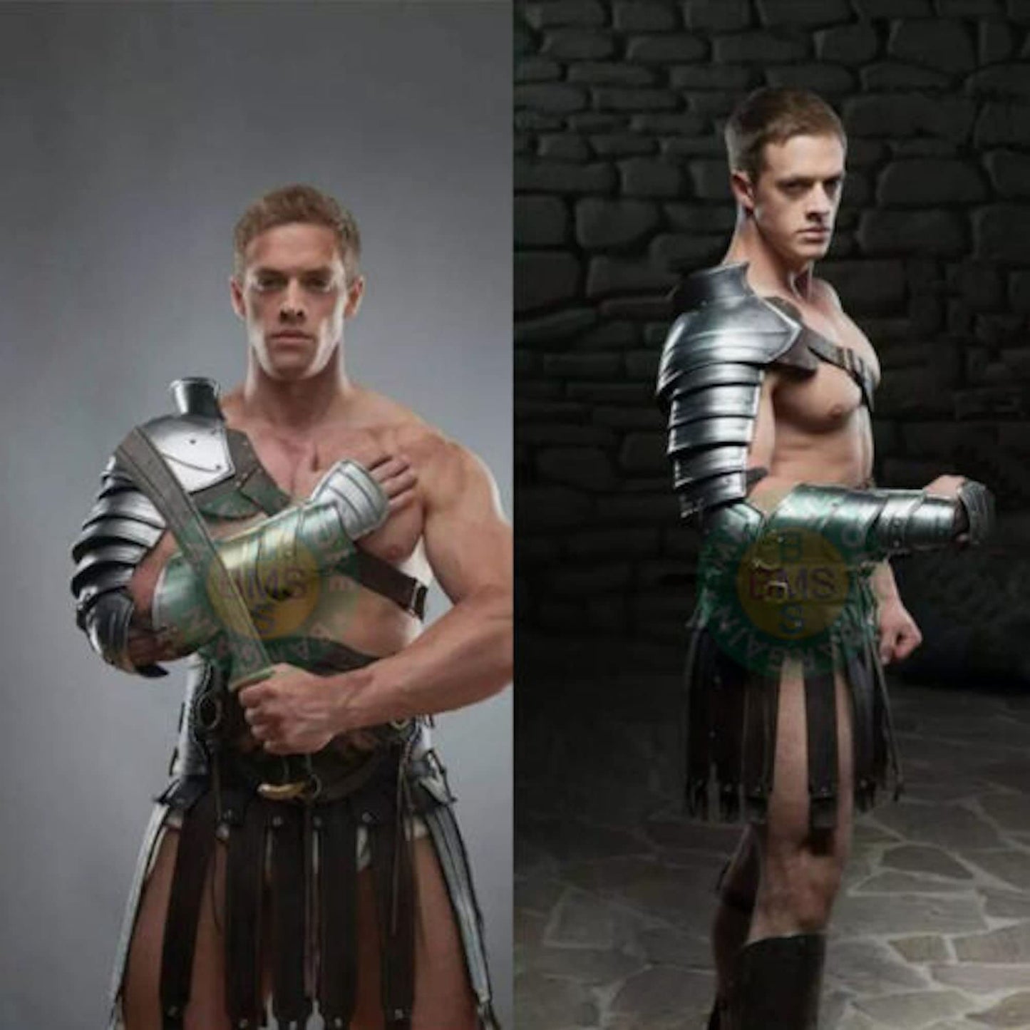 AnNafi® Medieval Single Pauldron Spartacus Cosplay Metal Roman Knight Sleeve Shoulder Arm Armor Gladiator LARP Silver Full Hand & Arm Sleeve Armour Single Arm Costume for Adult Men Halloween Outfit