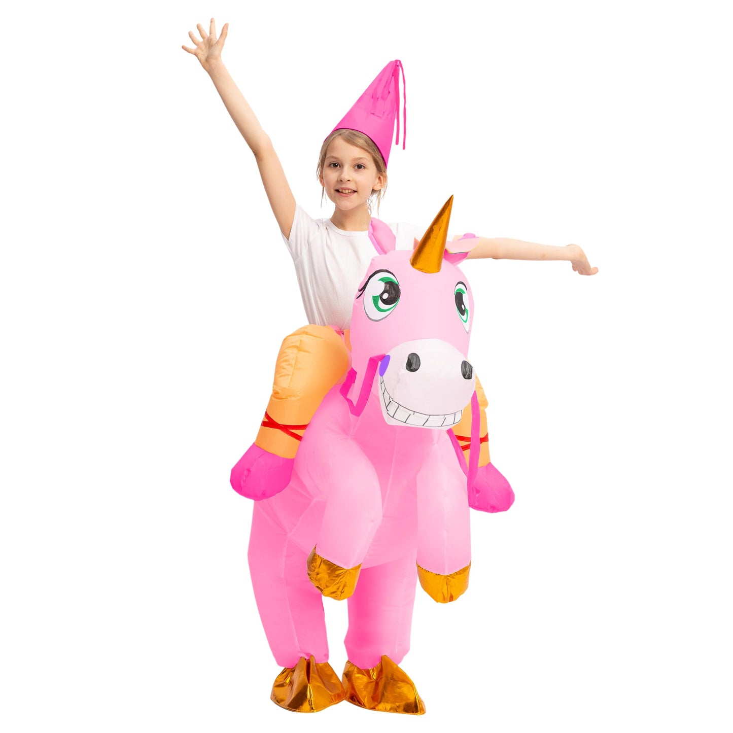 Spooktacular Creations Kids Halloween Inflatable Costumes, Riding a Unicorn, Ride-on Air Blow-up Deluxe Set with Hat, (Pink, 4-6 Yrs)