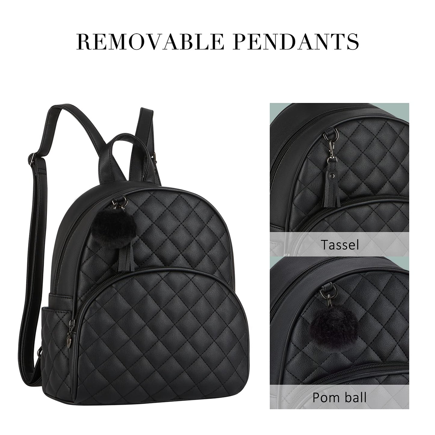ECOSUSI Mini Backpack Women Leather Small Backpack Purse for Ladies Cute Pom Bookbag Travel Shoulder Bag with Charm Tassel