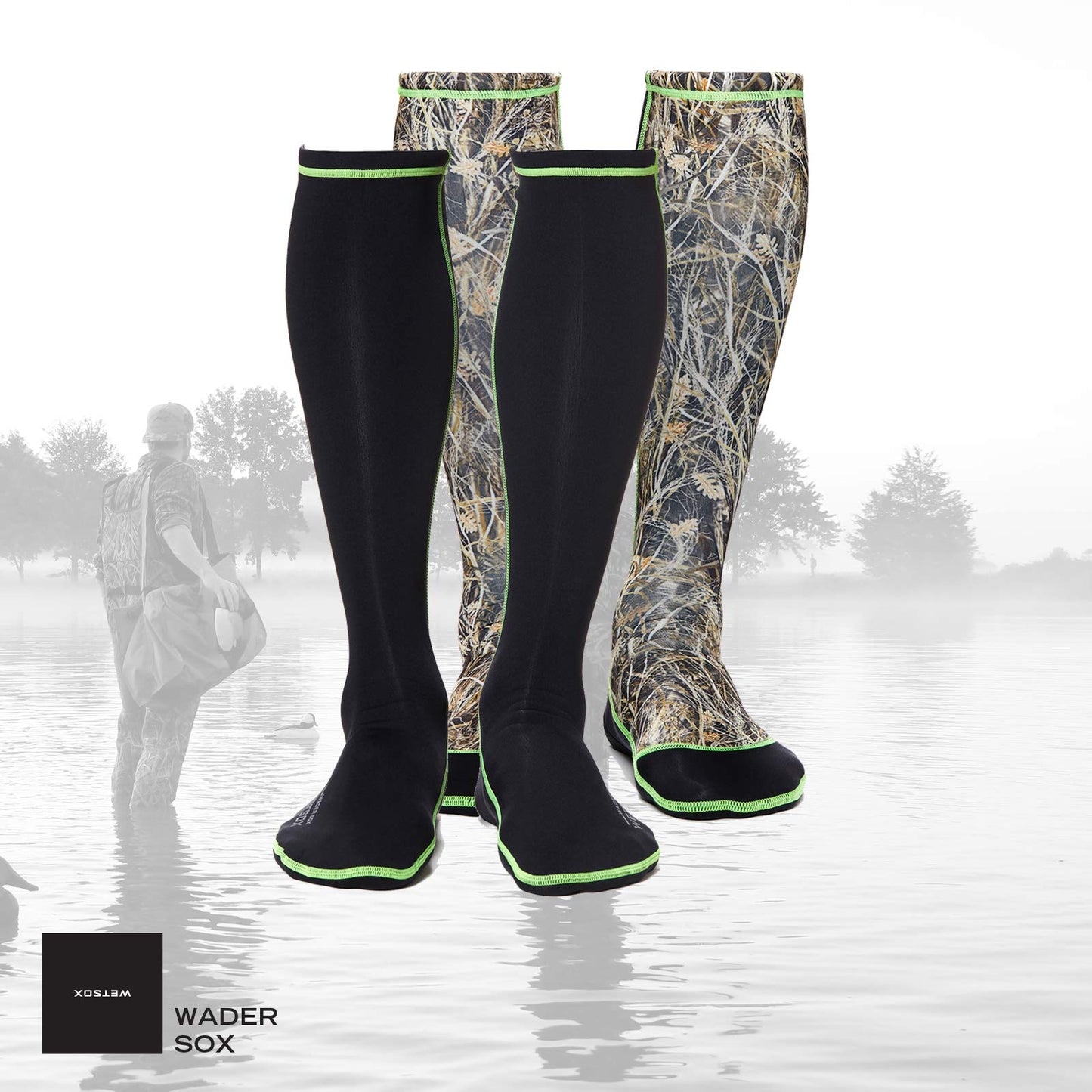 Wetsox Frictionless Wader Socks/Slip easily in & out of any boots or waders (Camo, Small)