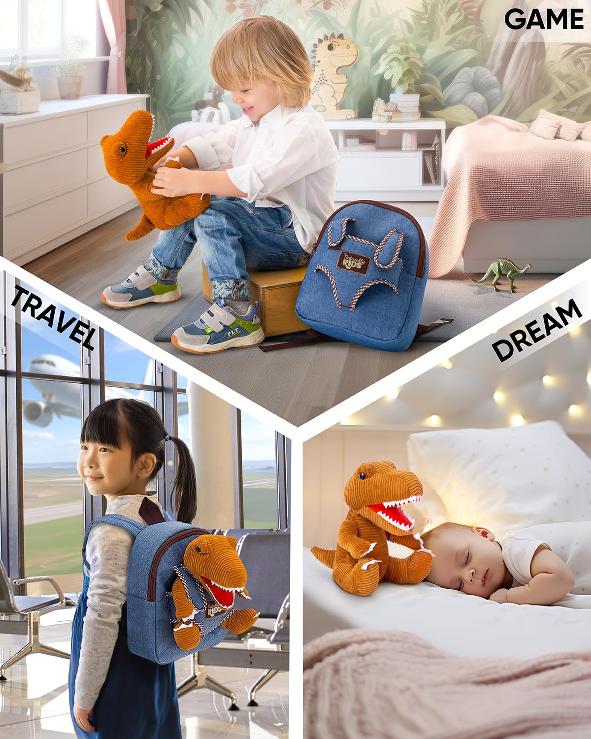 Naturally KIDS Toddler Backpack w Stuffed Animal Toy, Toddler Gifts for Boys Girls, Small Backpack, Dinosaur Toys