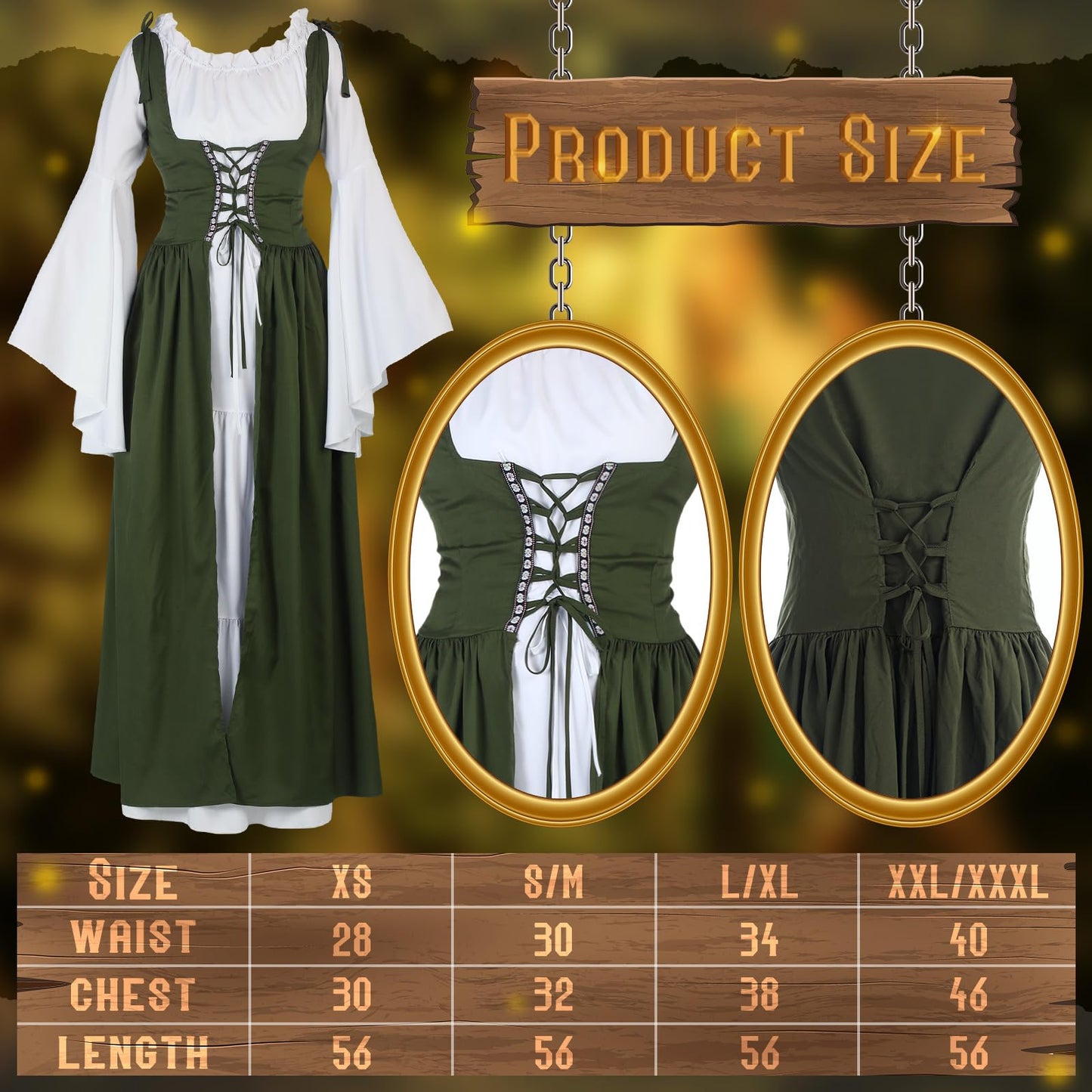 Bonuci Women Renaissance Dress Medieval Costume Women with Elf Ears, Moon Head Chain and Woodland Fairy Crown for Carnival(2X-Large/ 3X-Large,Light Green)