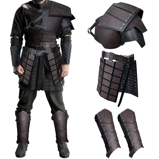 HiiFeuer Medieval faux leather Single Pauldron Shoulder Armor with Thigh Armor and Leg Armor for Larp Ren Faire