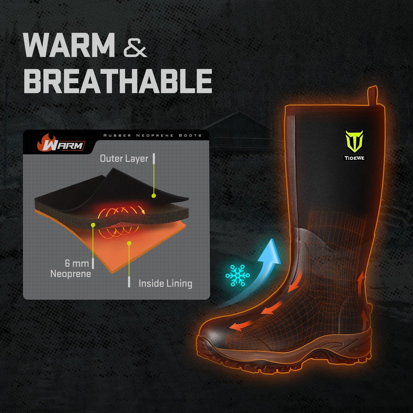 TIDEWE Rubber Neoprene Boots Men And Women, Waterproof Sturdy 6mm Neoprene Boot, Rain Boot Hunting Boot Arctic Outdoor Boot Men Size 11 Black
