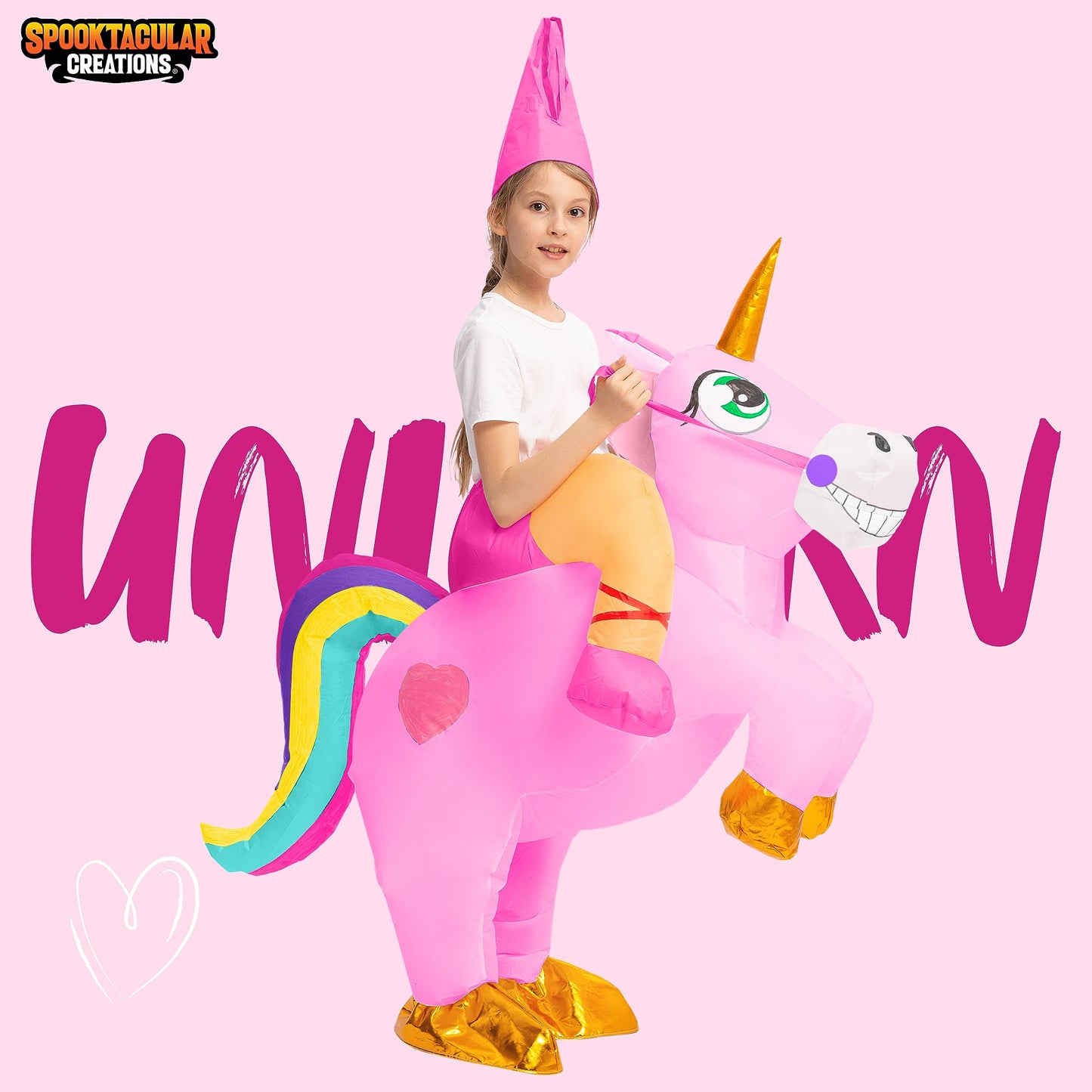 Spooktacular Creations Kids Halloween Inflatable Costumes, Riding a Unicorn, Ride-on Air Blow-up Deluxe Set with Hat, (Pink, 4-6 Yrs)