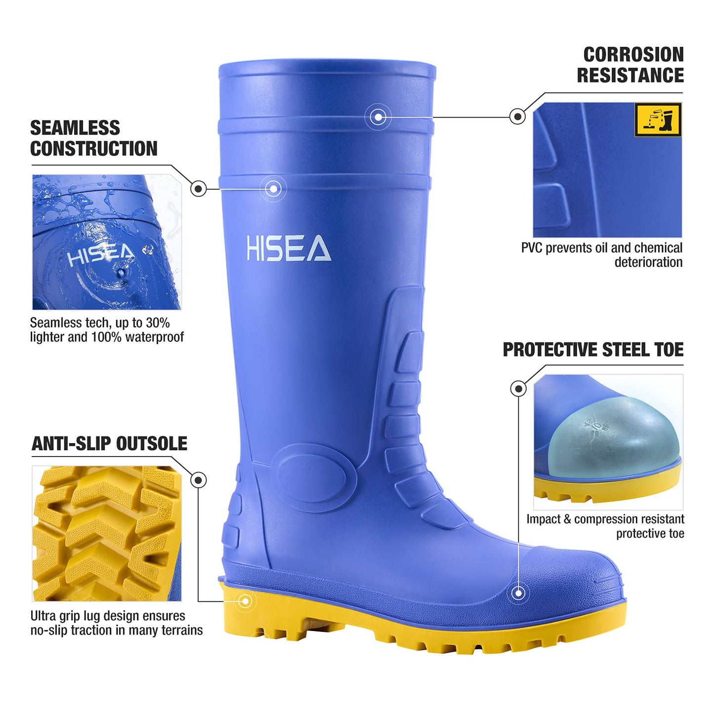 HISEA Men's Steel Toe Rubber Boots PVC Rain Boots,Garden Fishing Work Boots for Agriculture and Industrial Working Waterproof and Slip Resistant Knee Boots Size 12