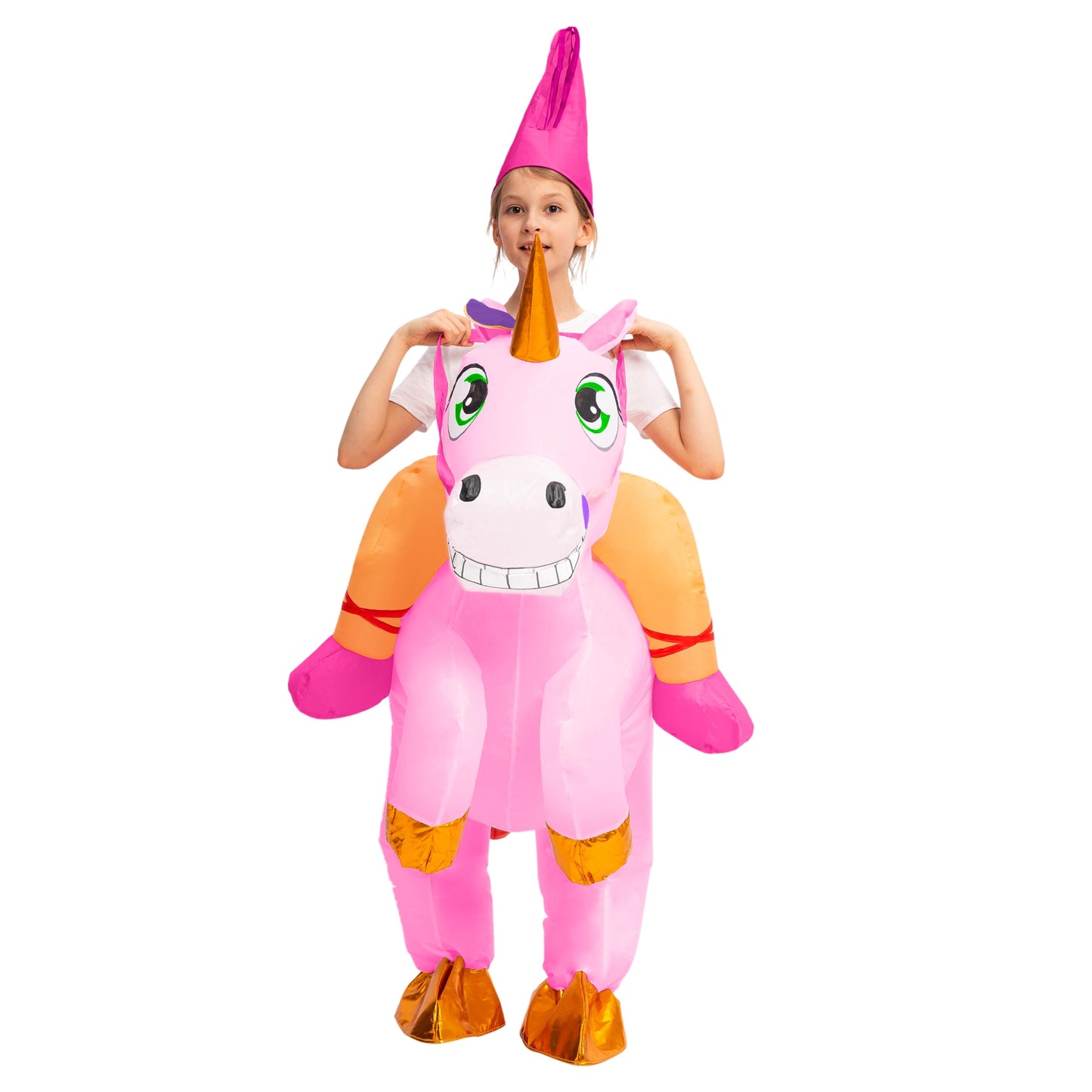 Spooktacular Creations Kids Halloween Inflatable Costumes, Riding a Unicorn, Ride-on Air Blow-up Deluxe Set with Hat, (Pink, 4-6 Yrs)