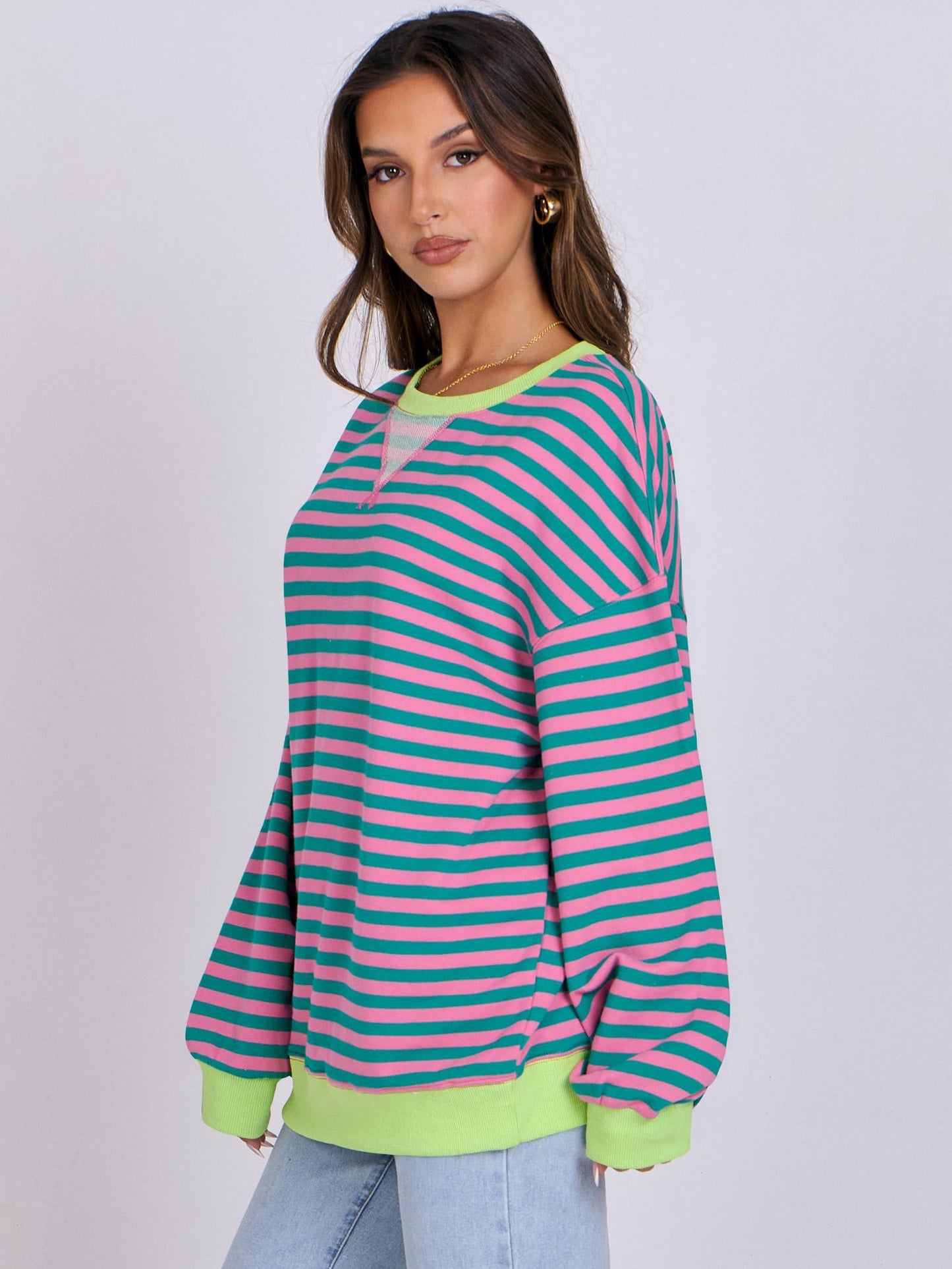ANRABESS Women Striped Oversized Sweatshirt Long Sleeve Crewneck Hoodies Shirts 2024 Fall Pullover Top Trendy Preppy Clothes Pink Green Medium - Law of Apparel