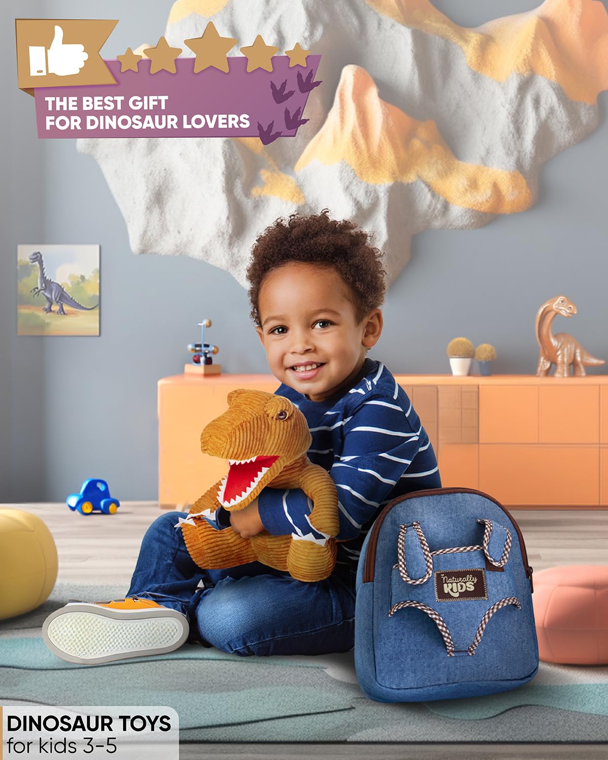 Naturally KIDS Toddler Backpack w Stuffed Animal Toy, Toddler Gifts for Boys Girls, Small Backpack, Dinosaur Toys