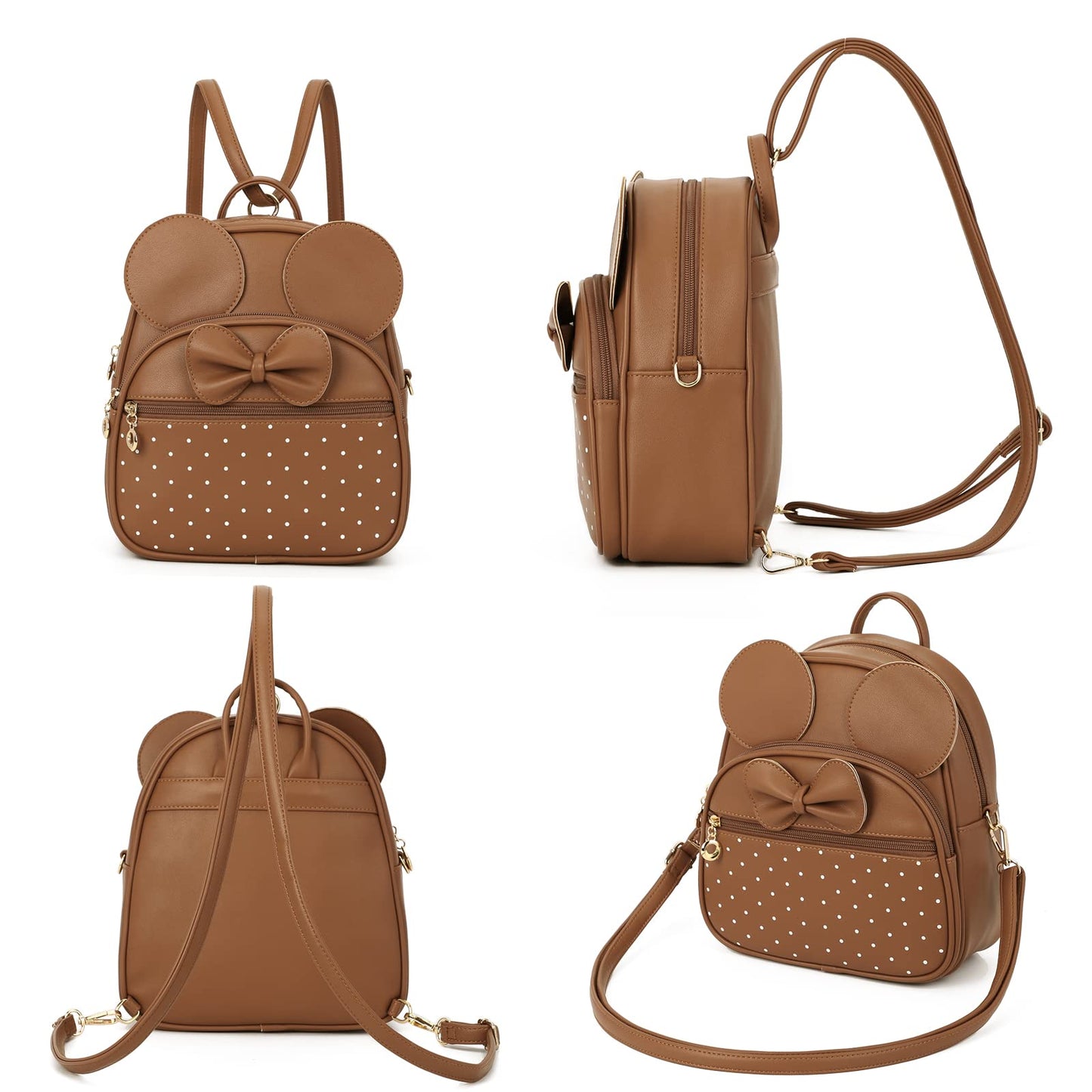 KL928 Girls Mini Backpack Bowknot Polka Dot Cute Daypacks Convertible Shoulder Bag Purse for Women (Brown)