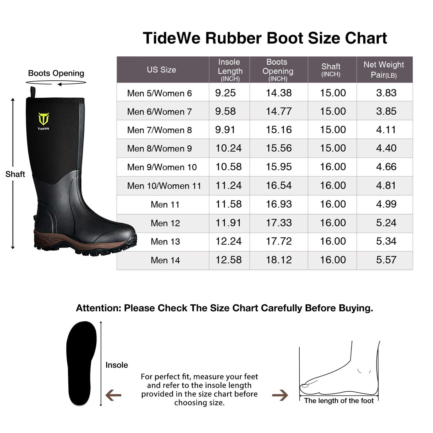 TIDEWE Rubber Neoprene Boots Men And Women, Waterproof Sturdy 6mm Neoprene Boot, Rain Boot Hunting Boot Arctic Outdoor Boot Men Size 11 Black