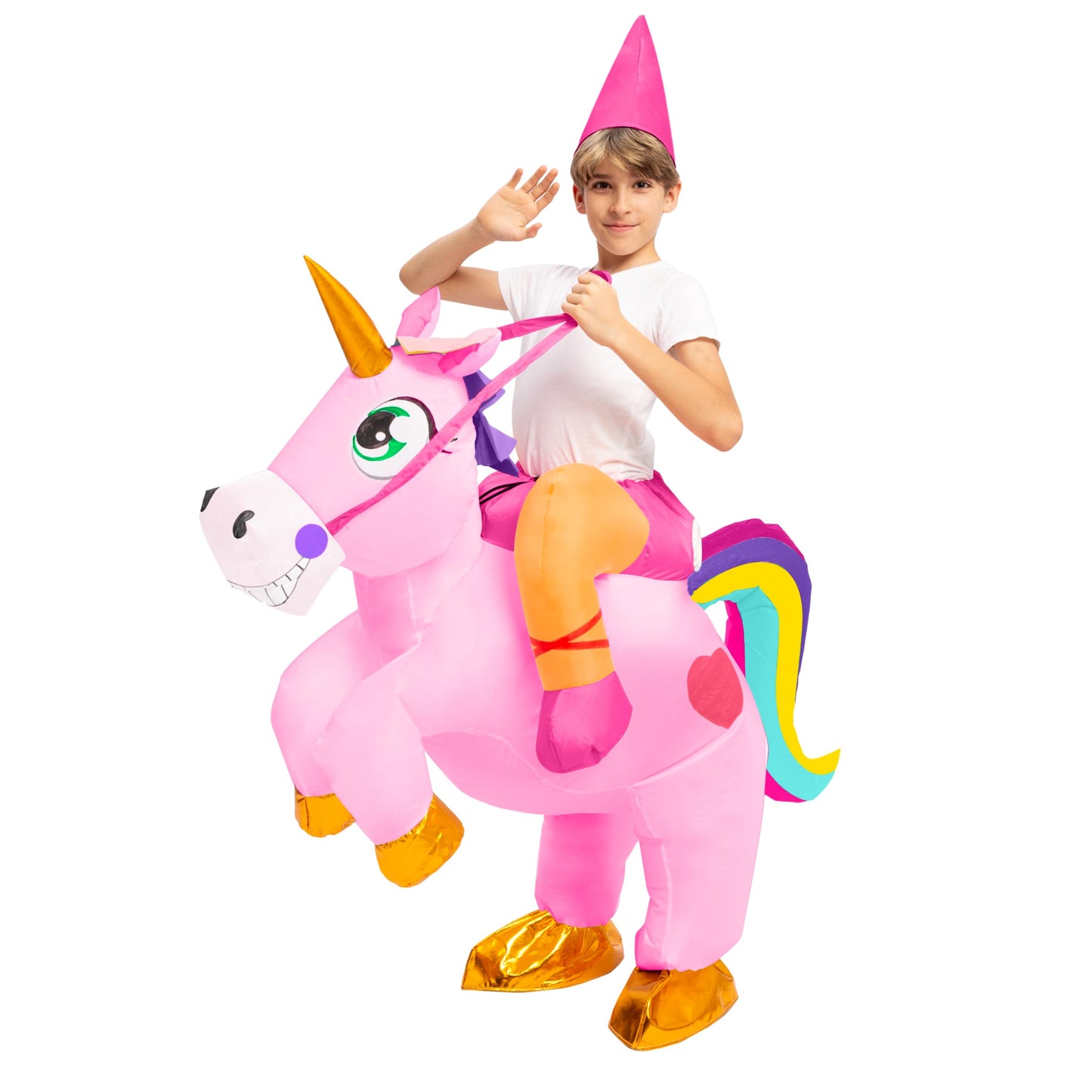 Spooktacular Creations Kids Halloween Inflatable Costumes, Riding a Unicorn, Ride-on Air Blow-up Deluxe Set with Hat, (Pink, 4-6 Yrs)