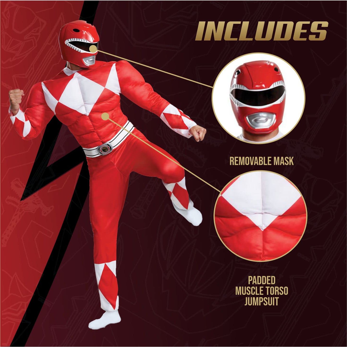 Disguise Men's Red Ranger Classic Muscle Adult Costume, L/XL (42-46)