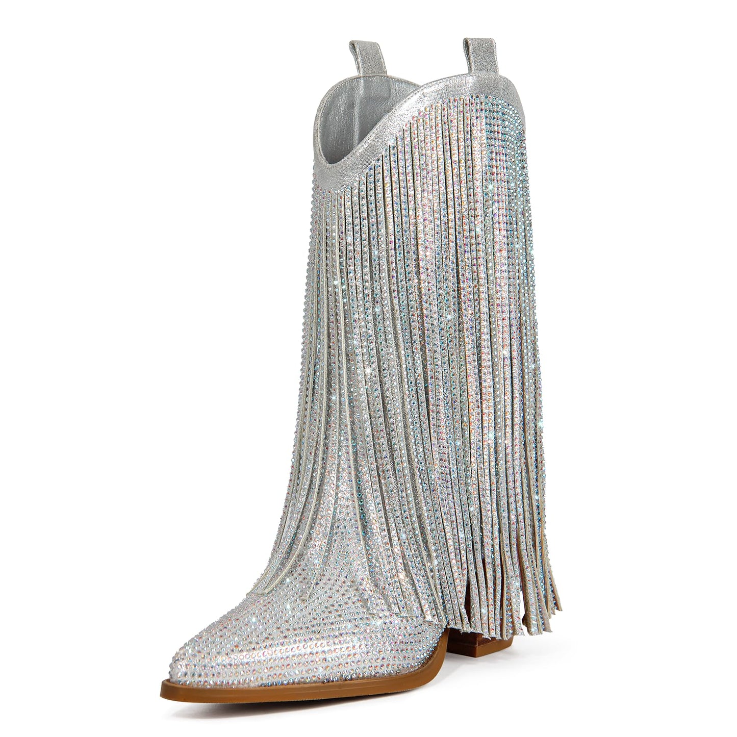 HICLOTSA Women's Silver Cowboy Ankle Boots Cowgirl Rhinestone Fringe Western Boots Side Zipper Pointy Pull On Chunky Heel Sparkly Tassels Booties Fashion Country Party for Women Size 8.5