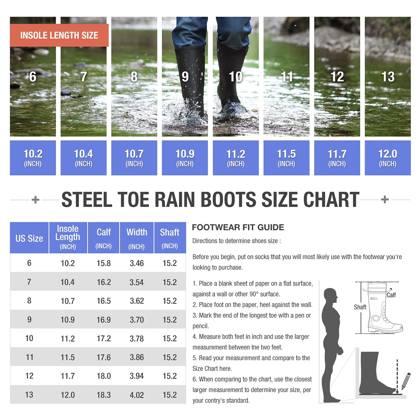 HISEA Men's Steel Toe Rubber Boots PVC Rain Boots,Garden Fishing Work Boots for Agriculture and Industrial Working Waterproof and Slip Resistant Knee Boots Size 12