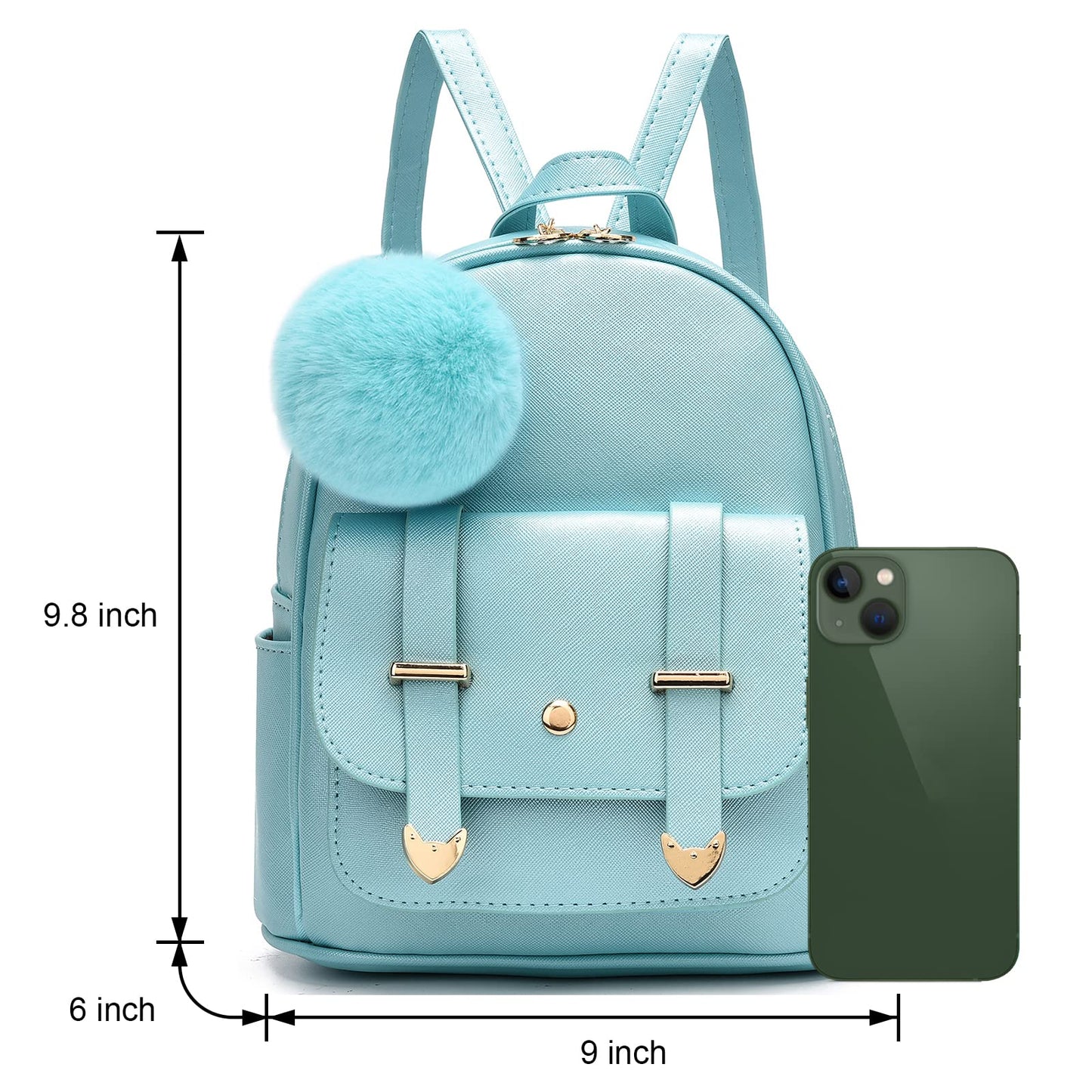 I IHAYNER Girls Fashion Backpack Mini Backpack Purse for Women Teenage Girls Purses PU Leather Pompom Backpack Shoulder Bag Pearl Blue