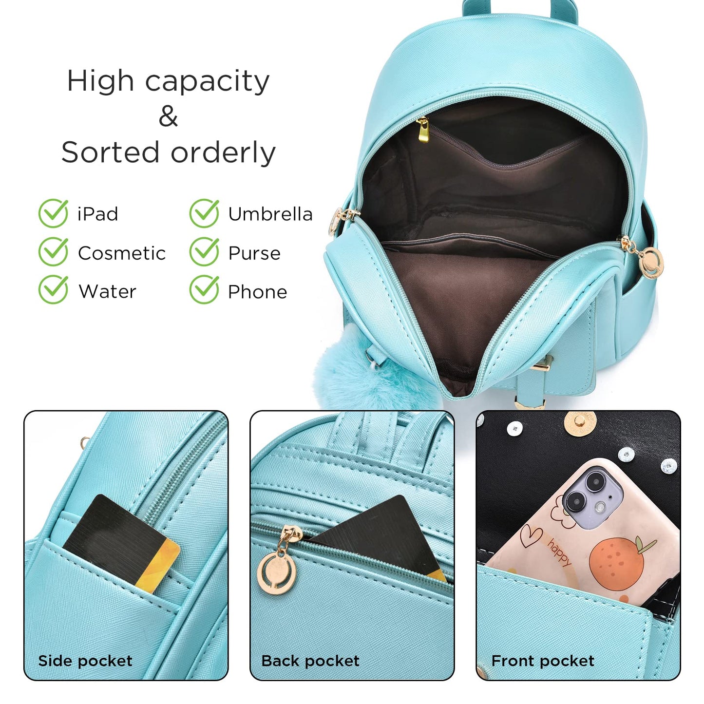 I IHAYNER Girls Fashion Backpack Mini Backpack Purse for Women Teenage Girls Purses PU Leather Pompom Backpack Shoulder Bag Pearl Blue