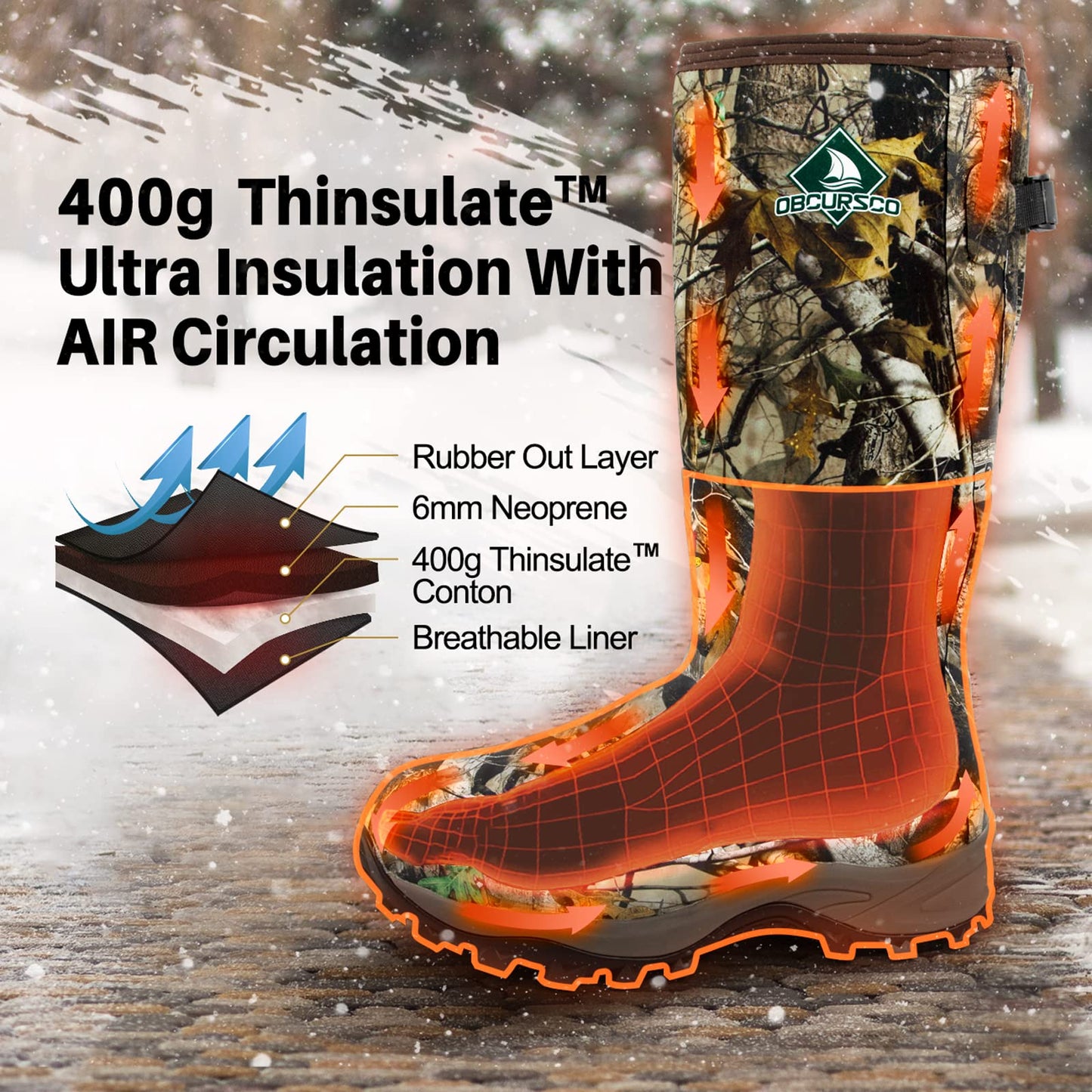 Obcursco 400g Insulation Rubber Hunting Boots for Men, Insulated Waterproof 6mm Neoprene Boot for Hunting (Camo, 11)