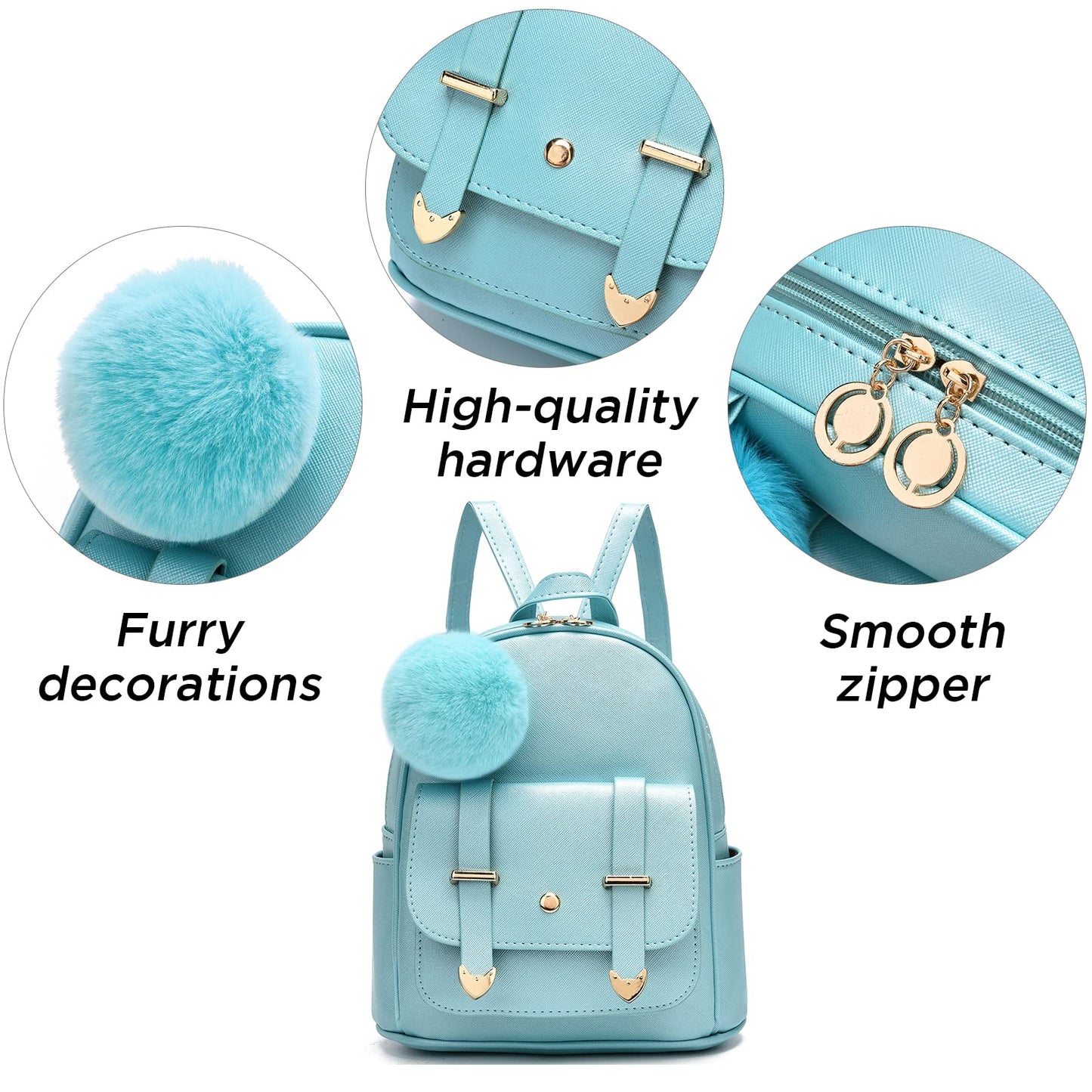 I IHAYNER Girls Fashion Backpack Mini Backpack Purse for Women Teenage Girls Purses PU Leather Pompom Backpack Shoulder Bag Pearl Blue