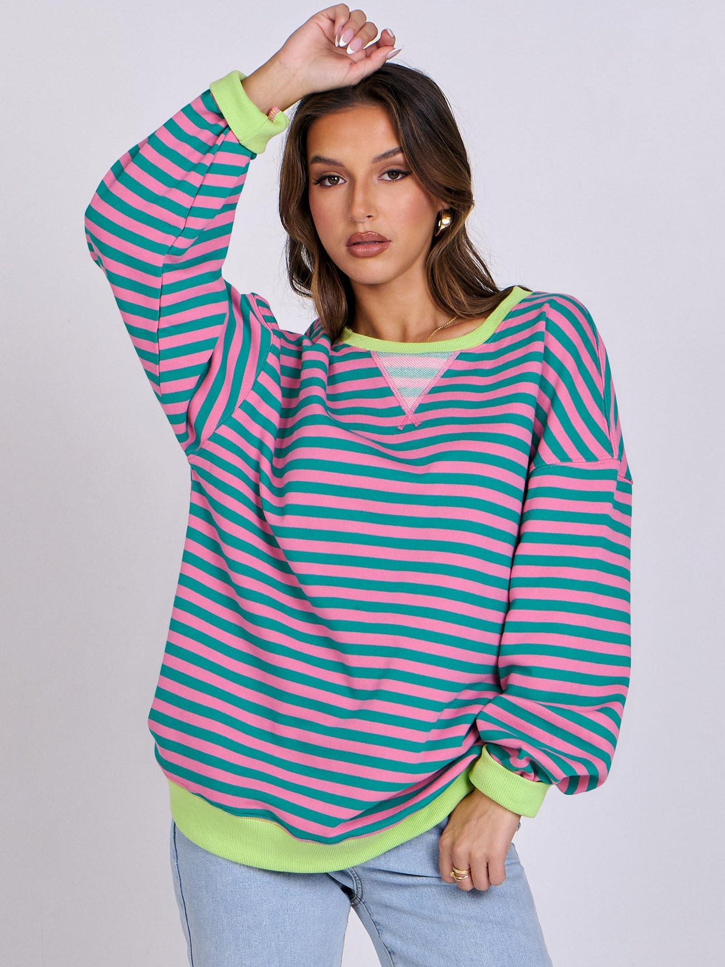 ANRABESS Women Striped Oversized Sweatshirt Long Sleeve Crewneck Hoodies Shirts 2024 Fall Pullover Top Trendy Preppy Clothes Pink Green Medium - Law of Apparel