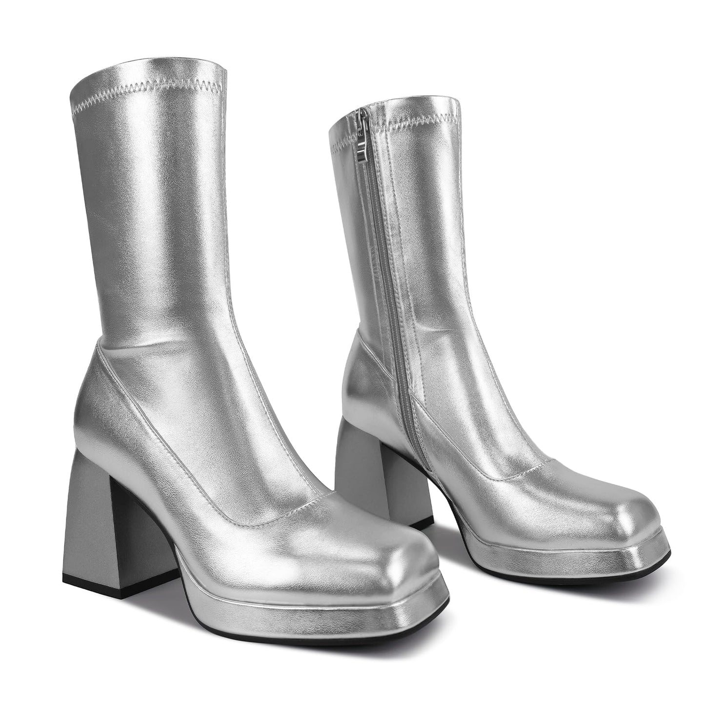 JEDKARAR Silver GoGo Boots for Women Silver Platform Boots for Women Silver Chunky Boots Silver Boots Platform GoGo Boots Chunky Heeled Boots Chrome Boots Silver Booties Y2K Boots
