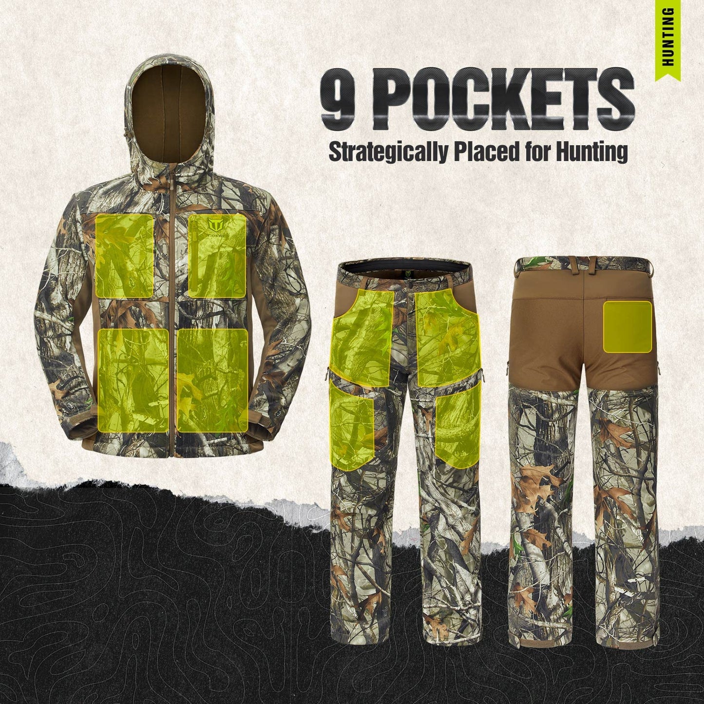 TIDEWE Hunting Clothes for Men with Fleece Lining, Safety Strap Compatible Water Resistant Silent Jacket and Pants, Hunting Suit for Climbing Hiking Trekking Camping (Next Camo G2 Size XL)