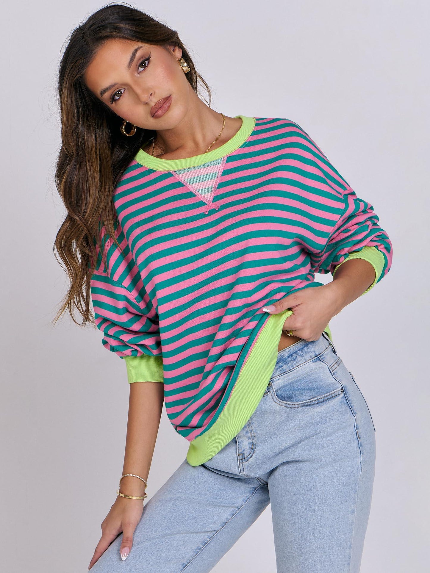 ANRABESS Women Striped Oversized Sweatshirt Long Sleeve Crewneck Hoodies Shirts 2024 Fall Pullover Top Trendy Preppy Clothes Pink Green Medium - Law of Apparel