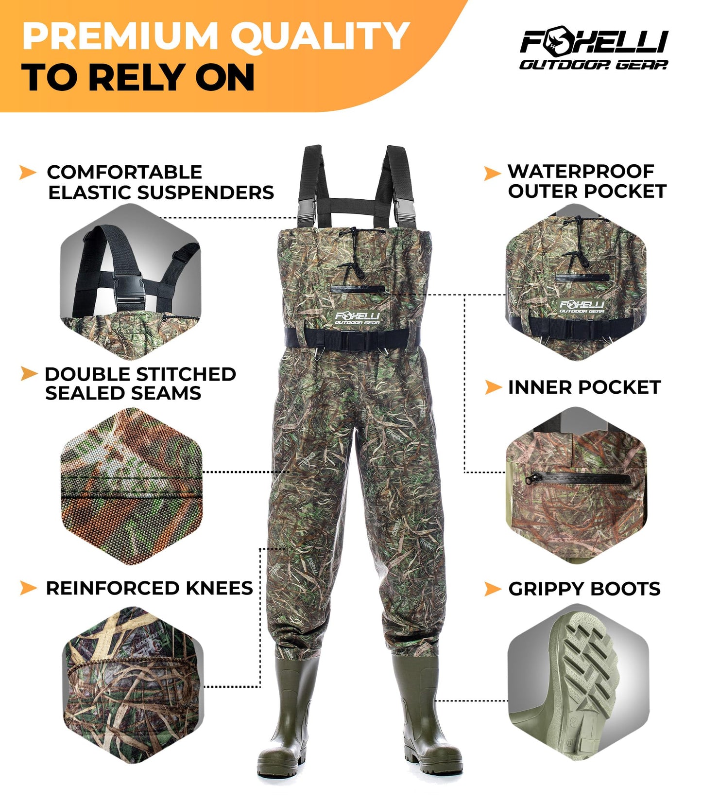 Foxelli Chest Waders – Camo Hunting Fishing Waders for Men and Women with Boots, 2-ply Nylon/PVC Waterproof Bootfoot Waders